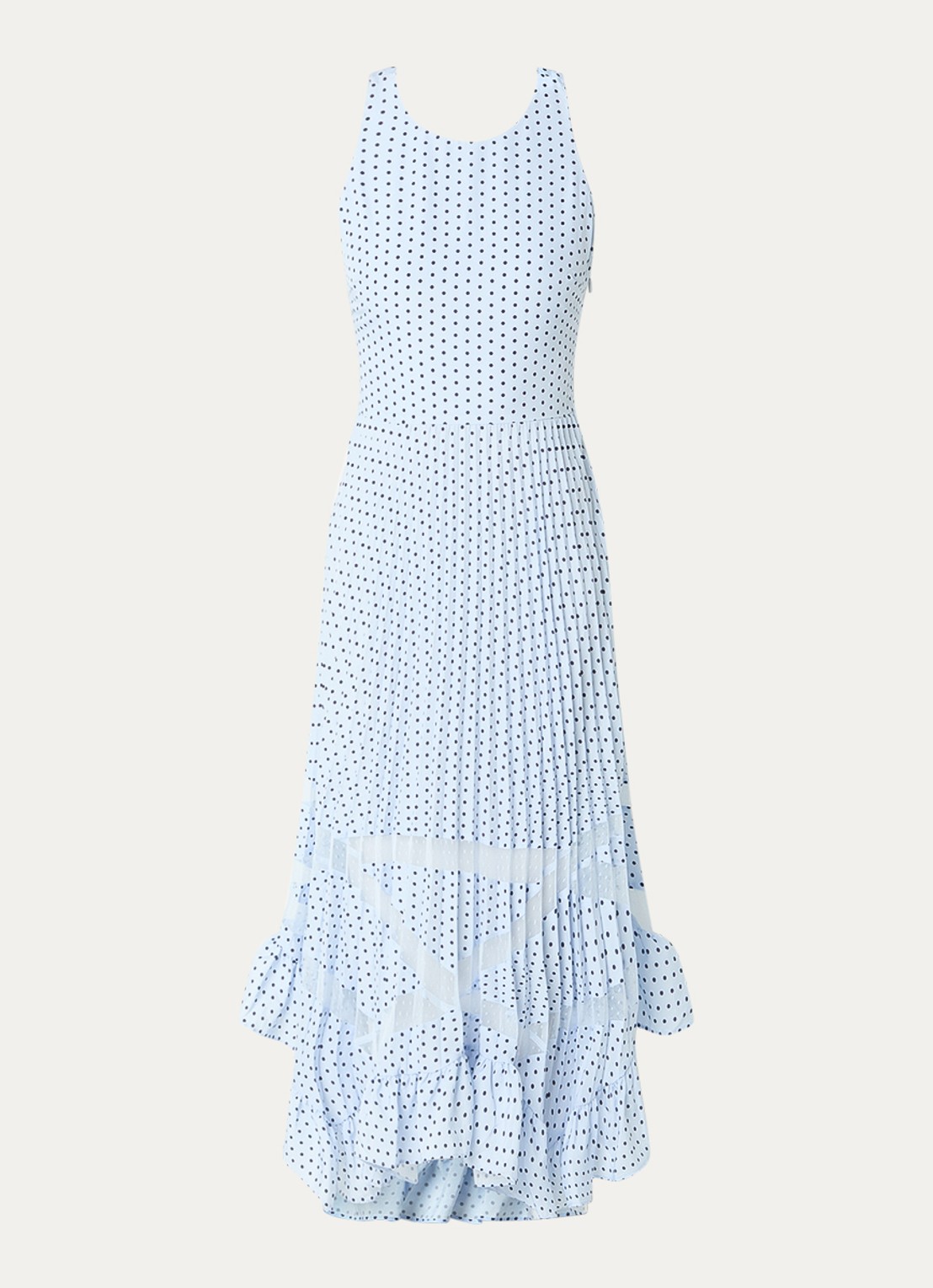 Claudie Pierlot Roseliapois midi jurk met stippenprint en ruches - voorkant 2 lichtblauw