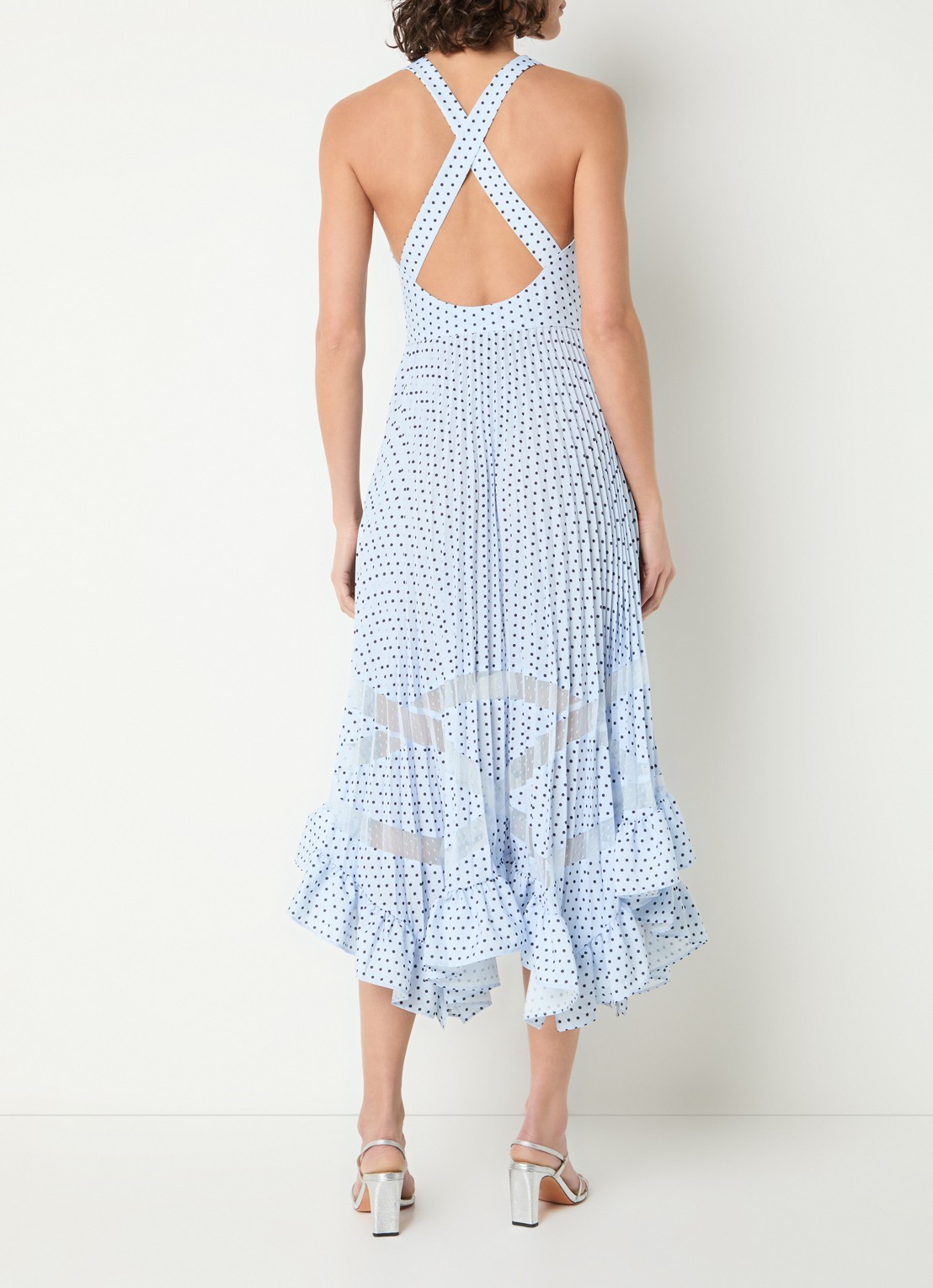 Claudie Pierlot Roseliapois midi jurk met stippenprint en ruches - voorkant 3 lichtblauw