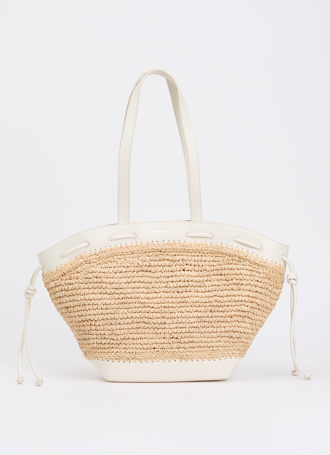 Claudie Pierlot Schoudertas van raffia met details van kalfsleer - voorkant 5 gebroken wit