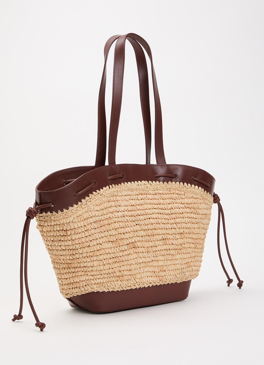 Claudie Pierlot Schoudertas van raffia met details van kalfsleer - achterkant kastanjebruin