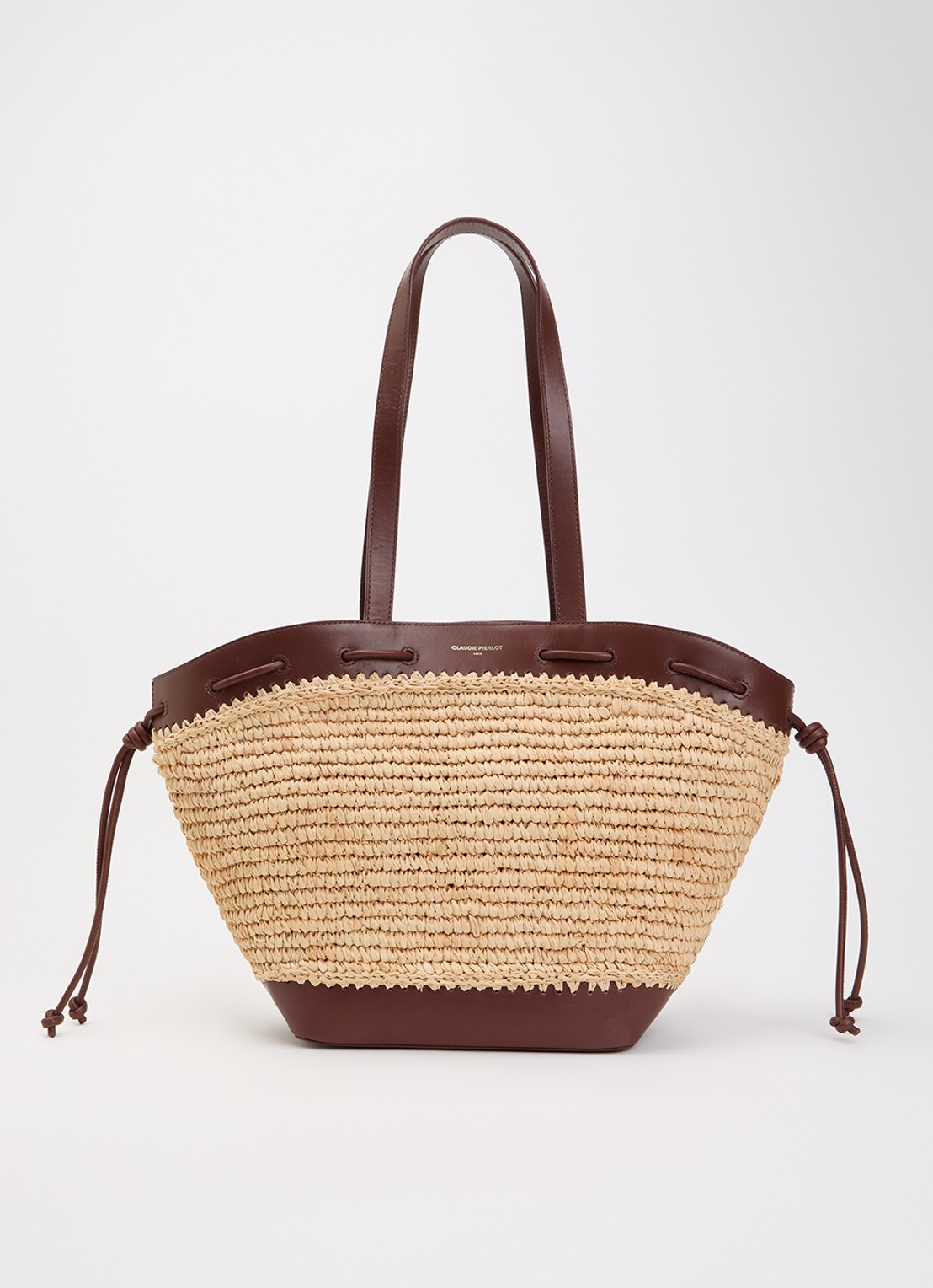 Claudie Pierlot Schoudertas van raffia met details van kalfsleer - voorkant 2 kastanjebruin
