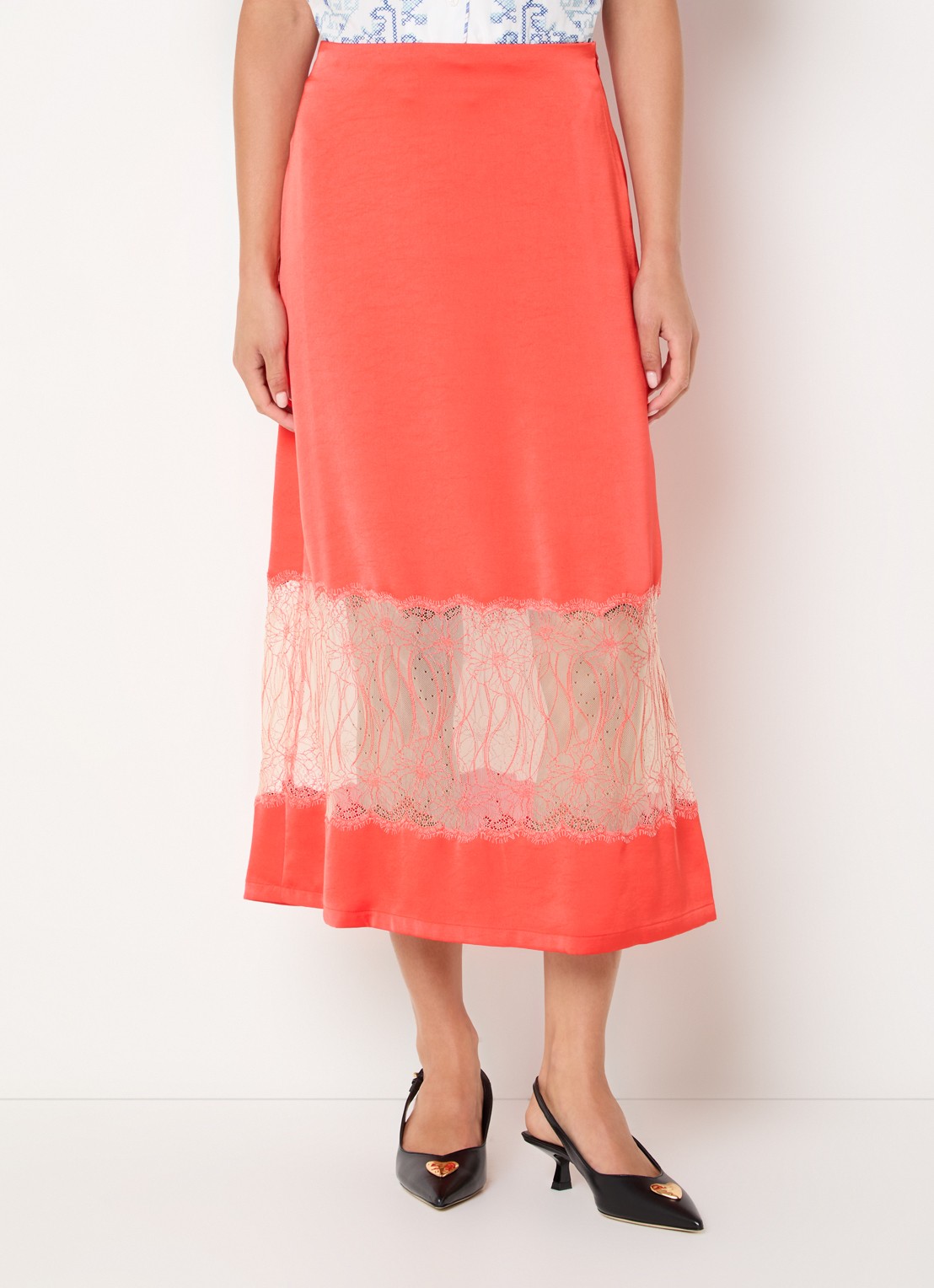Claudie Pierlot Shema maxi rok van satijn met details van kant - detail oranjerood