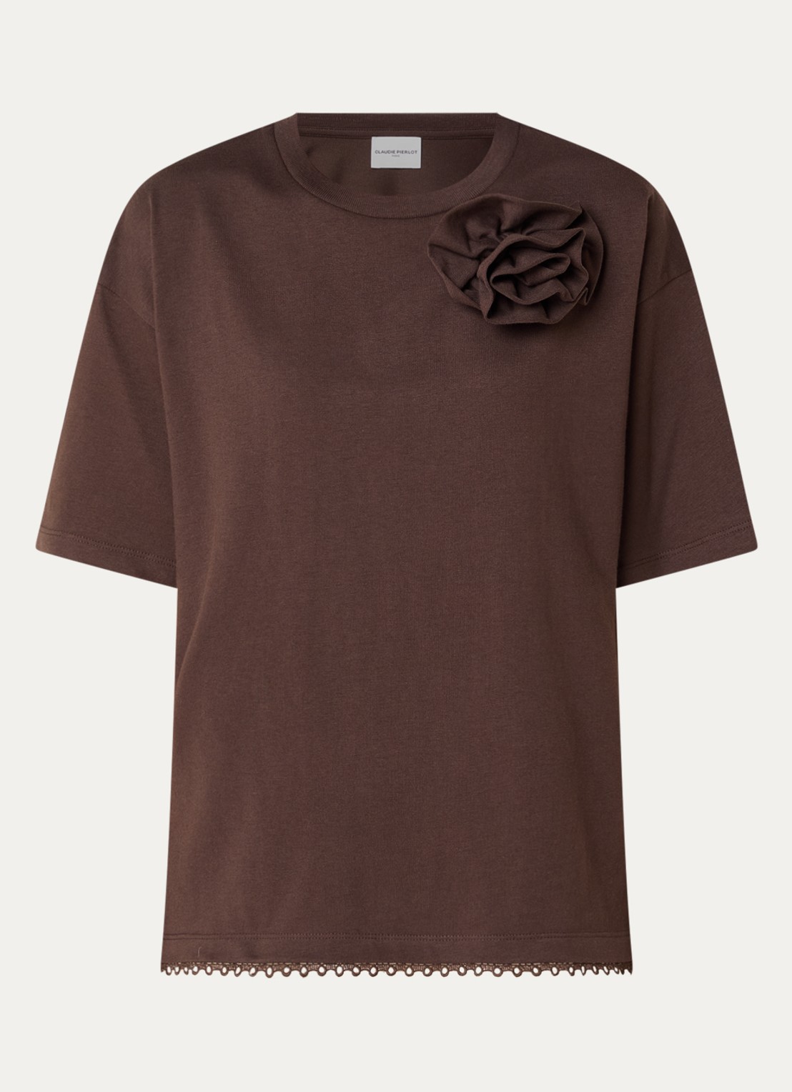 Claudie Pierlot T-shirt met ronde hals en geschulpte zoom - voorkant 2 hazelnootbruin
