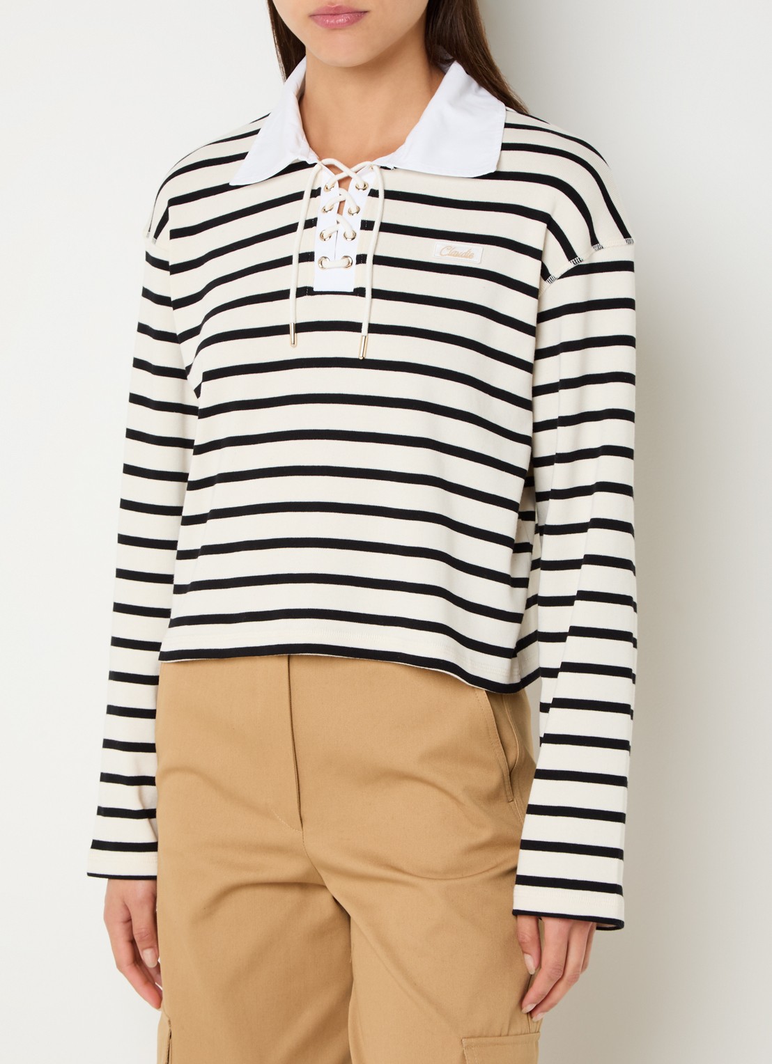 Claudie Pierlot Tamy longsleeve met streepprint en rijgdetail - detail 2 creme