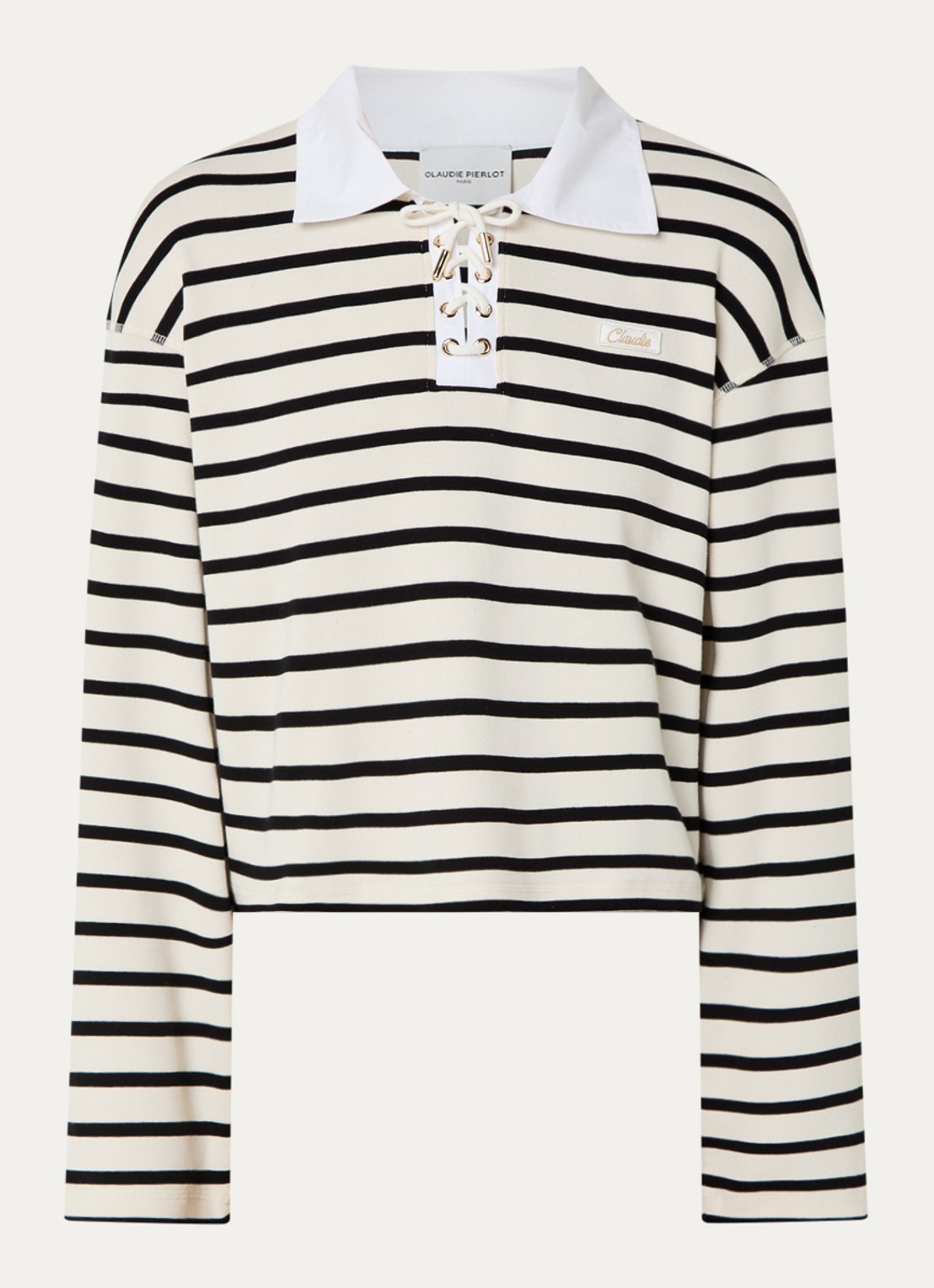 Claudie Pierlot Tamy longsleeve met streepprint en rijgdetail - voorkant 3 creme