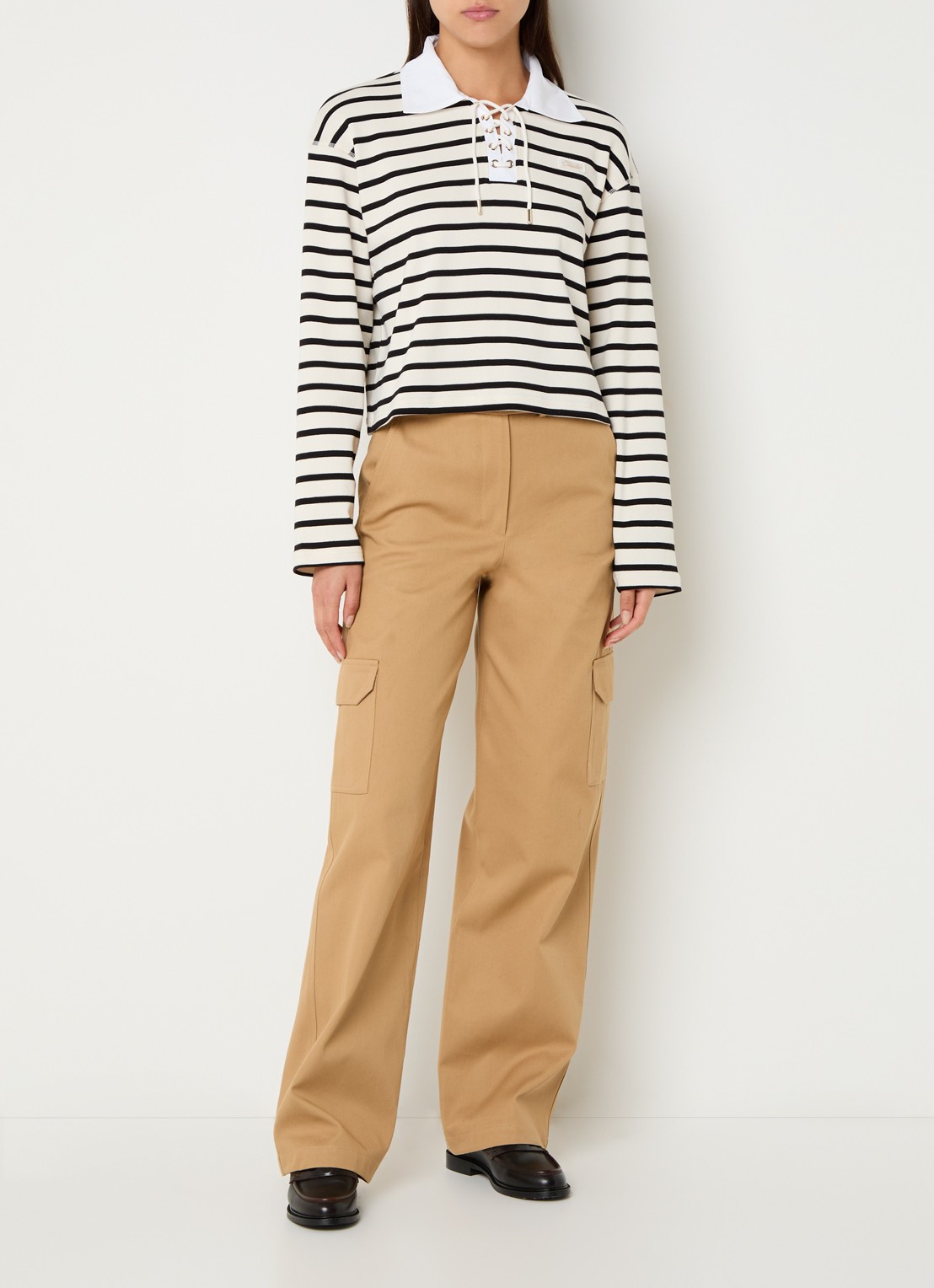Claudie Pierlot Tamy longsleeve met streepprint en rijgdetail - voorkant 4 creme