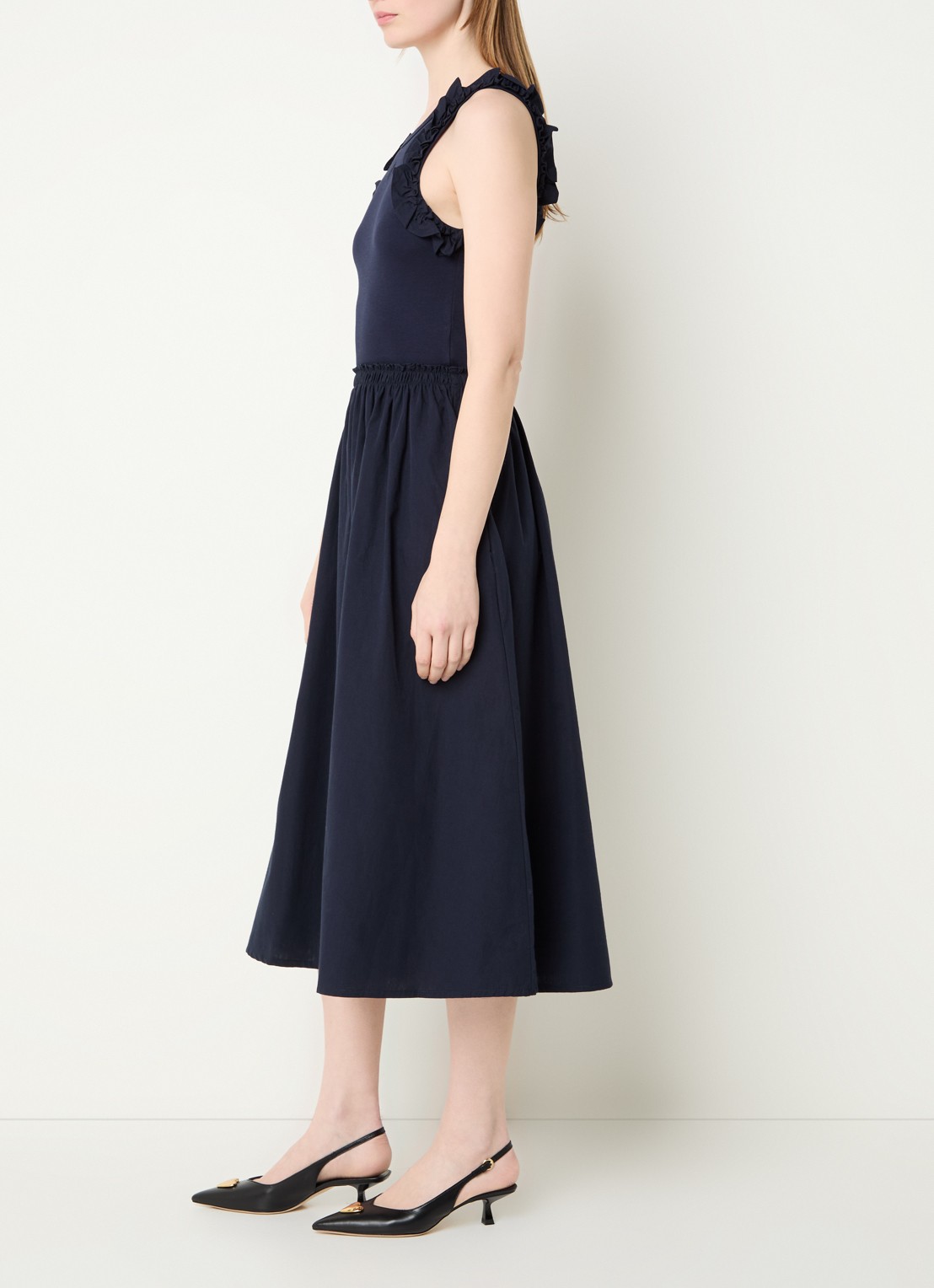 Claudie Pierlot Taprina maxi jurk met ruches - voorkant 2 donkerblauw