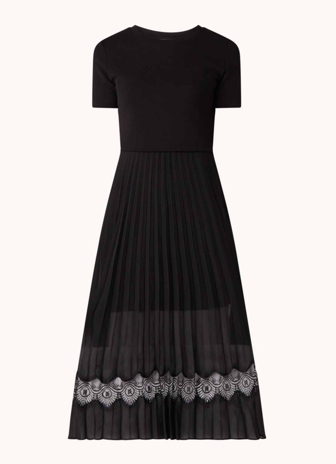 Claudie Pierlot Teli midi jurk met plissé en kant - voorkant 2 zwart