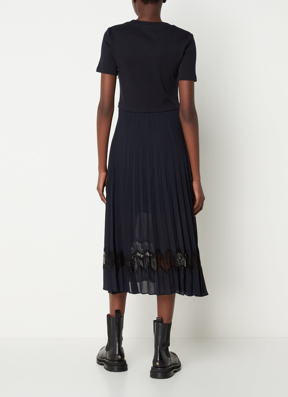 Claudie Pierlot Teli midi jurk met plissé en kant - achterkant donkerblauw