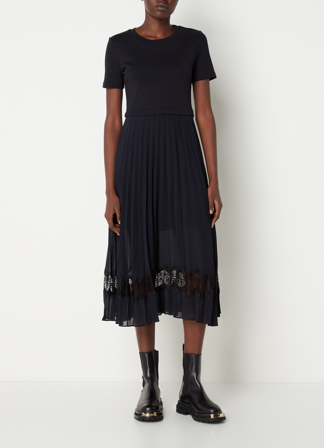 Claudie Pierlot Teli midi jurk met plissé en kant - detail 2 donkerblauw