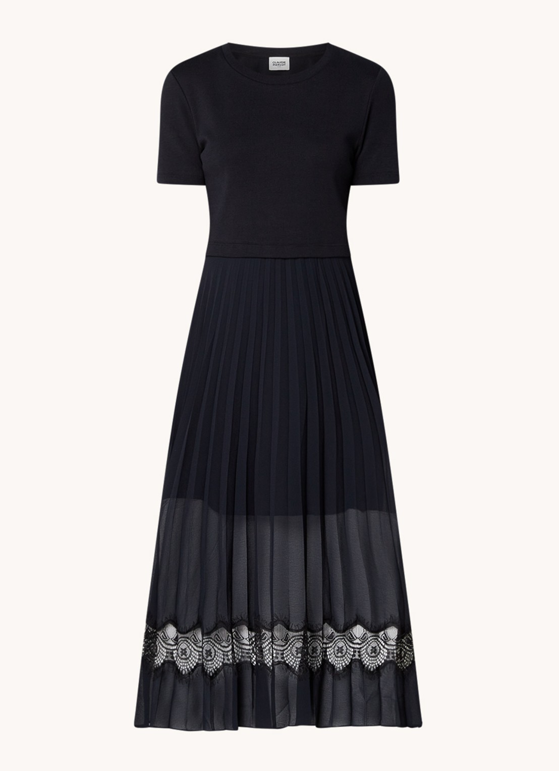 Claudie Pierlot Teli midi jurk met plissé en kant - voorkant 3 donkerblauw