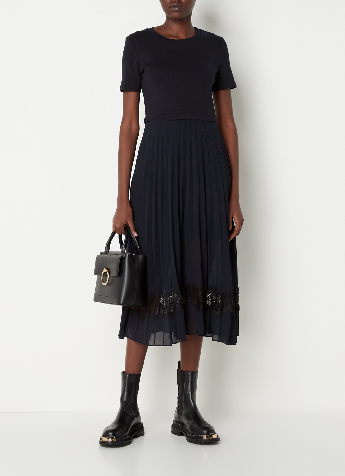 Claudie Pierlot Teli midi jurk met plissé en kant - voorkant 4 donkerblauw