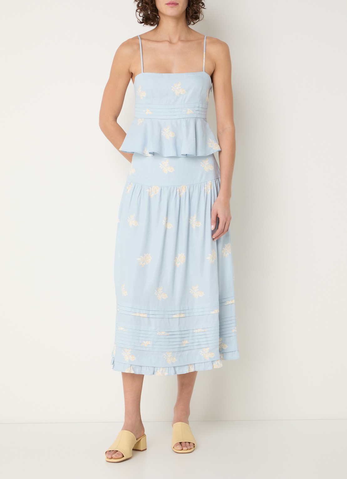 Claudie Pierlot Top in linnenblend en bloemenprint - voorkant 3 lichtblauw