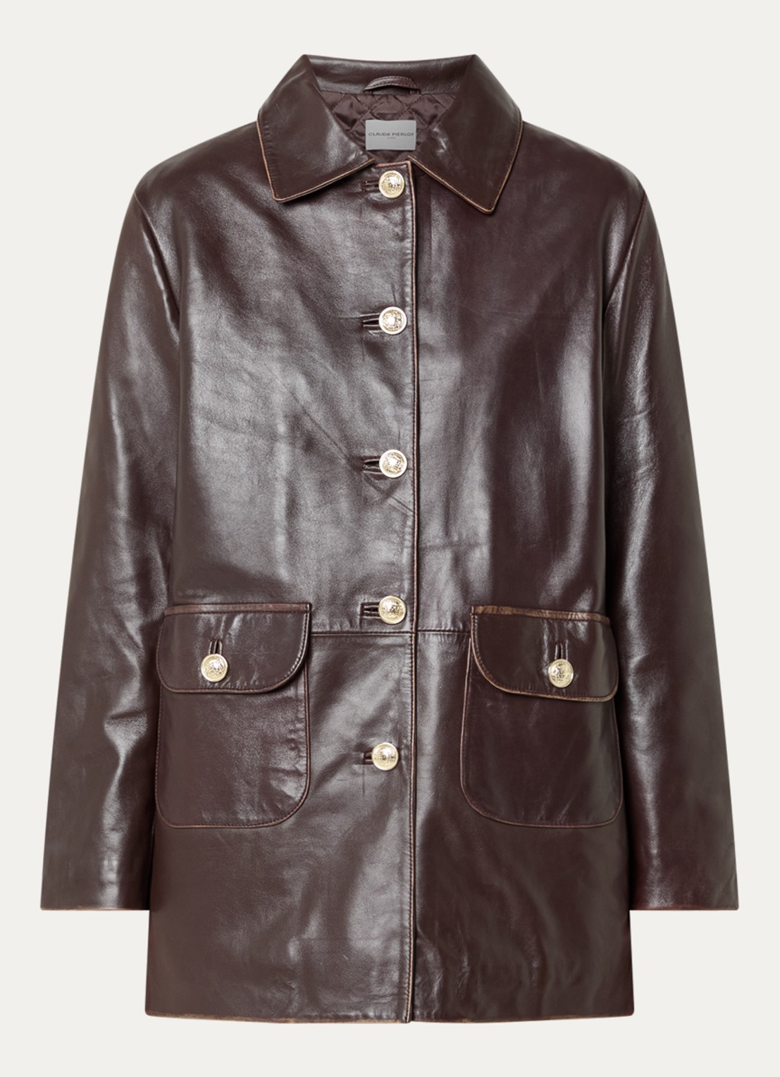 Claudie Pierlot Trenchcoat van lamsleer met klepzakken - voorkant 3 roodbruin
