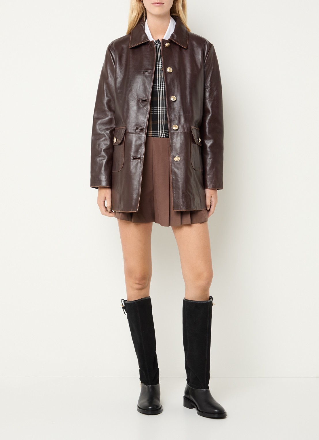 Claudie Pierlot Trenchcoat van lamsleer met klepzakken - voorkant 4 roodbruin