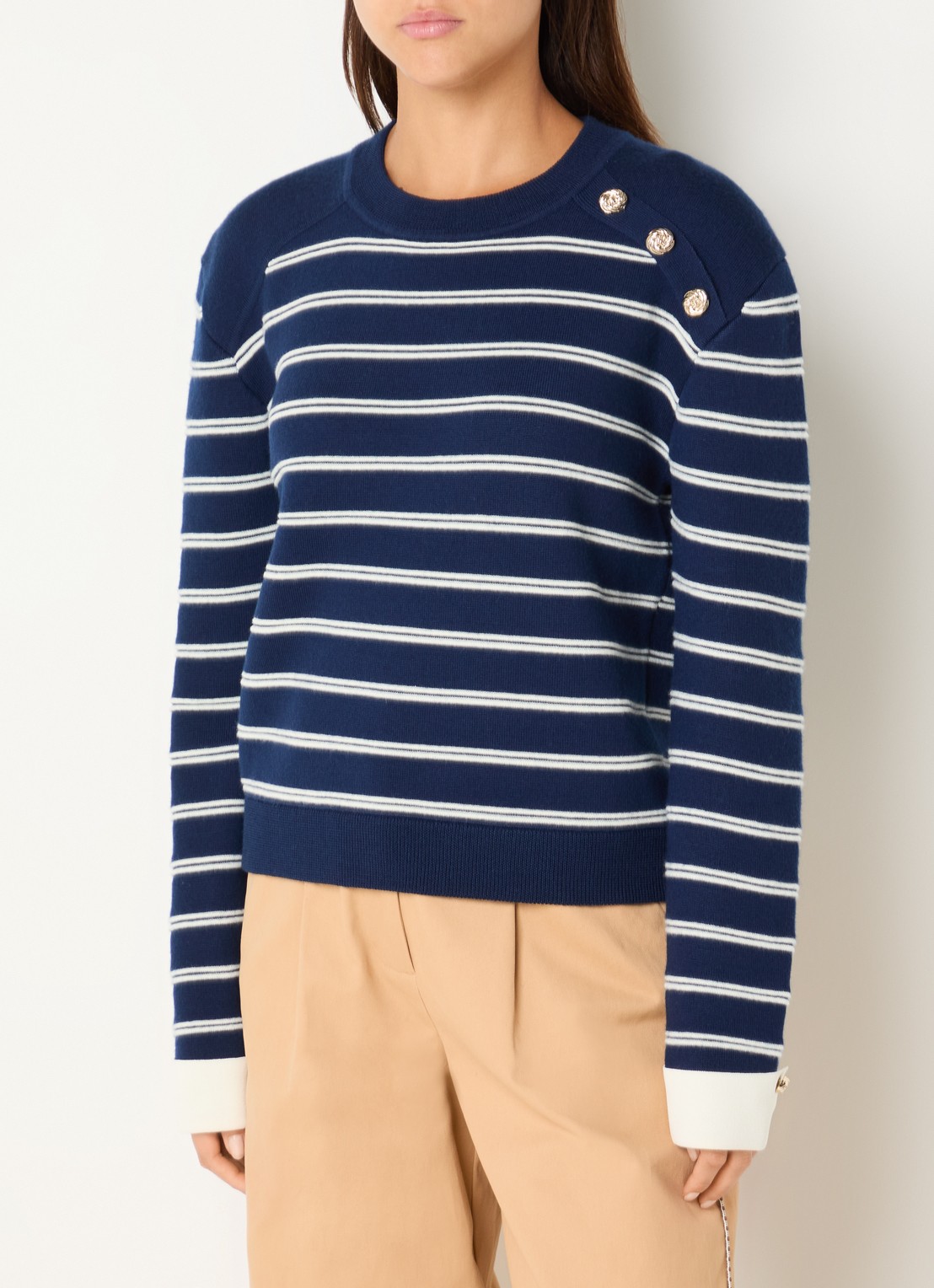 Claudie Pierlot Trui in wolblend met ingebreide streepprint  - detail donkerblauw