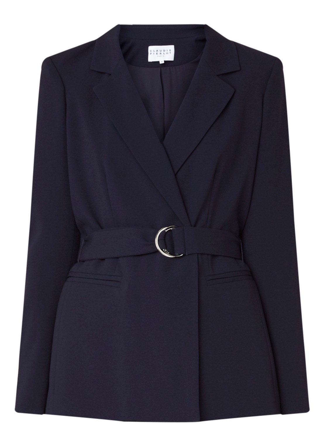 Claudie Pierlot Valayah blazer met steekzakken en ceintuur - voorkant 2 donkerblauw