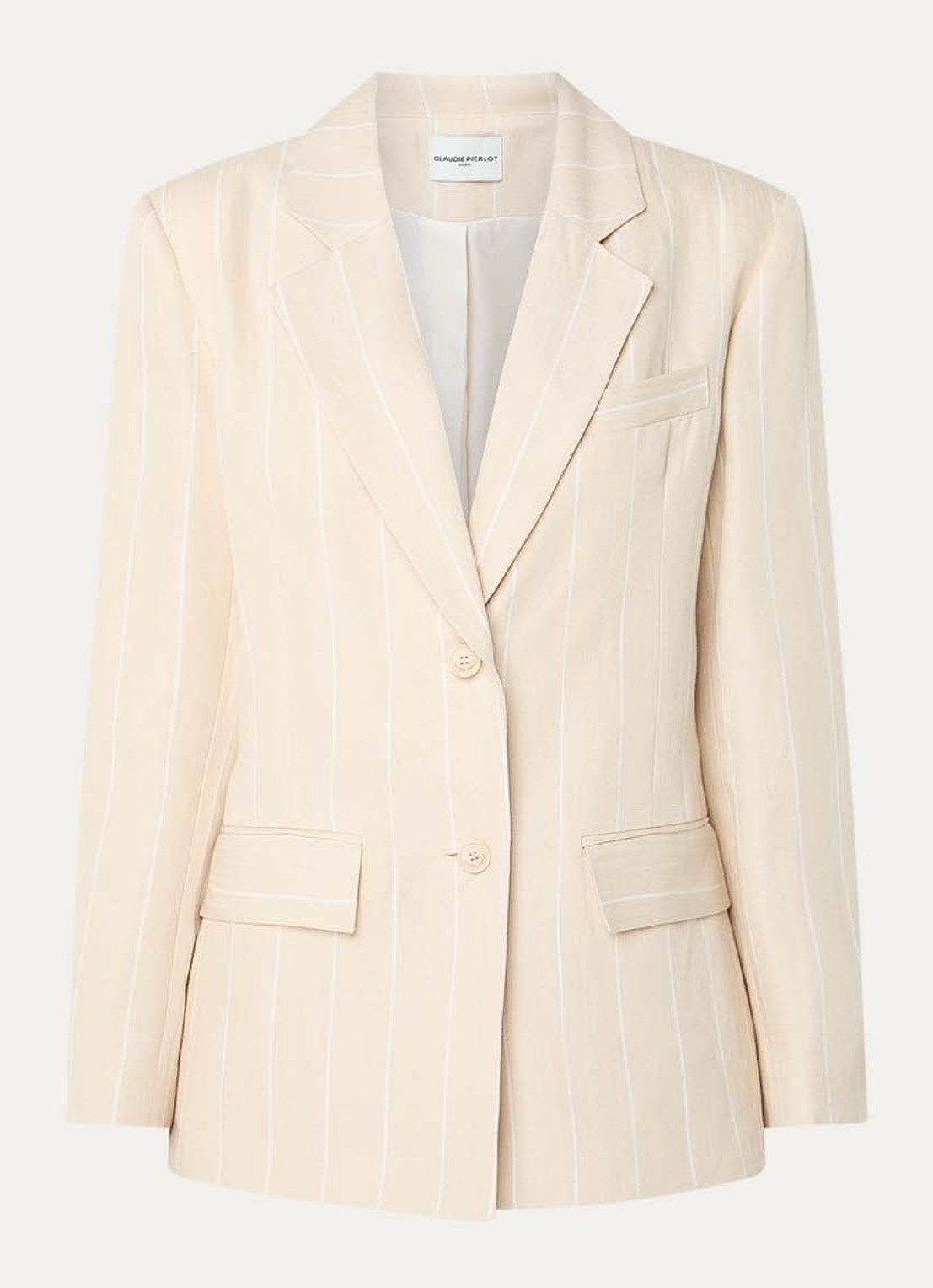 Claudie Pierlot Vayanarayee blazer in linnenblend met streepprint - voorkant beige
