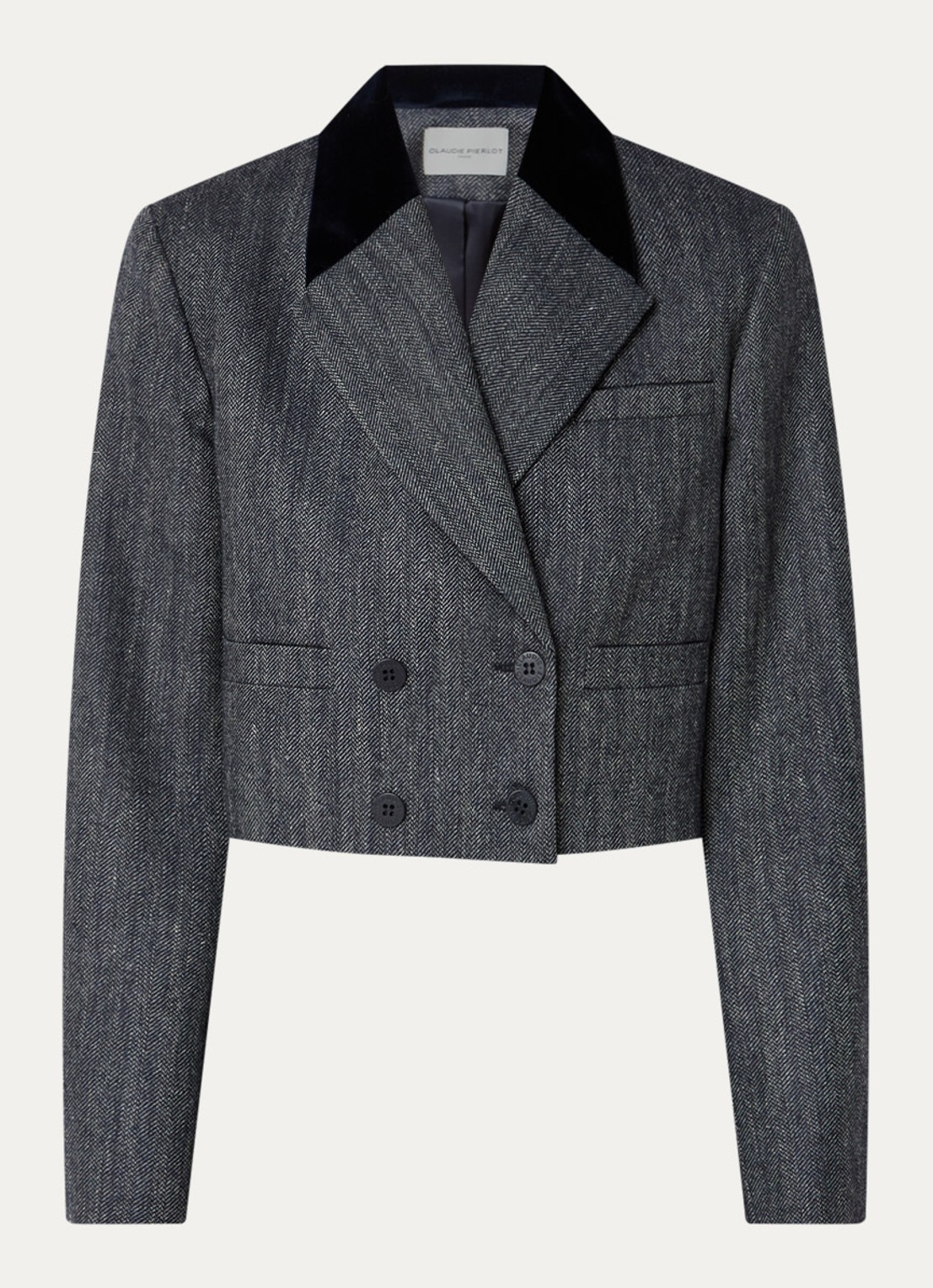 Claudie Pierlot Victor cropped blazer in wolblend met opgestikte zakken - voorkant 3 donkerblauw