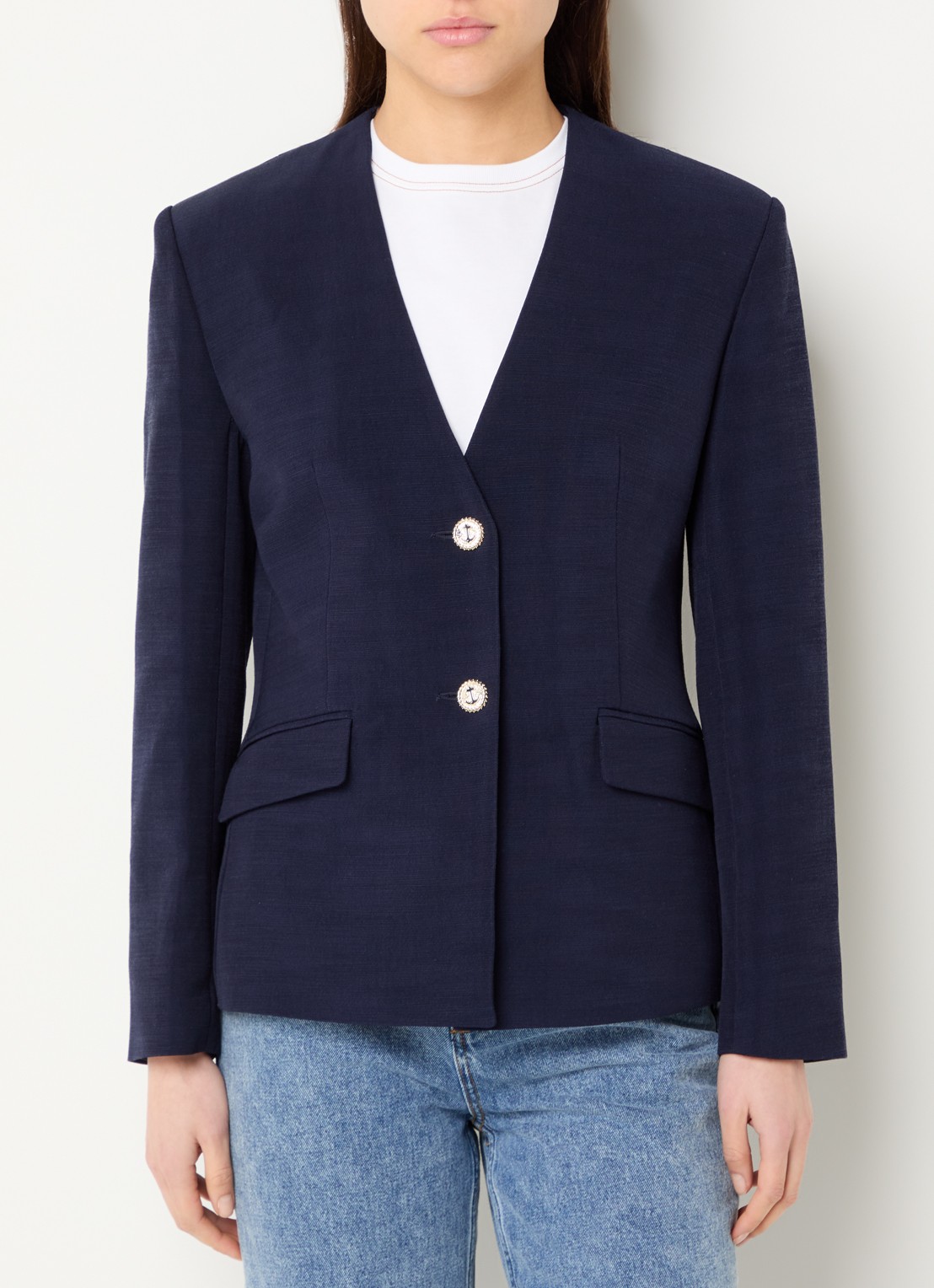 Claudie Pierlot Virgo blazer met schoudervulling en klepzakken - detail 3 donkerblauw