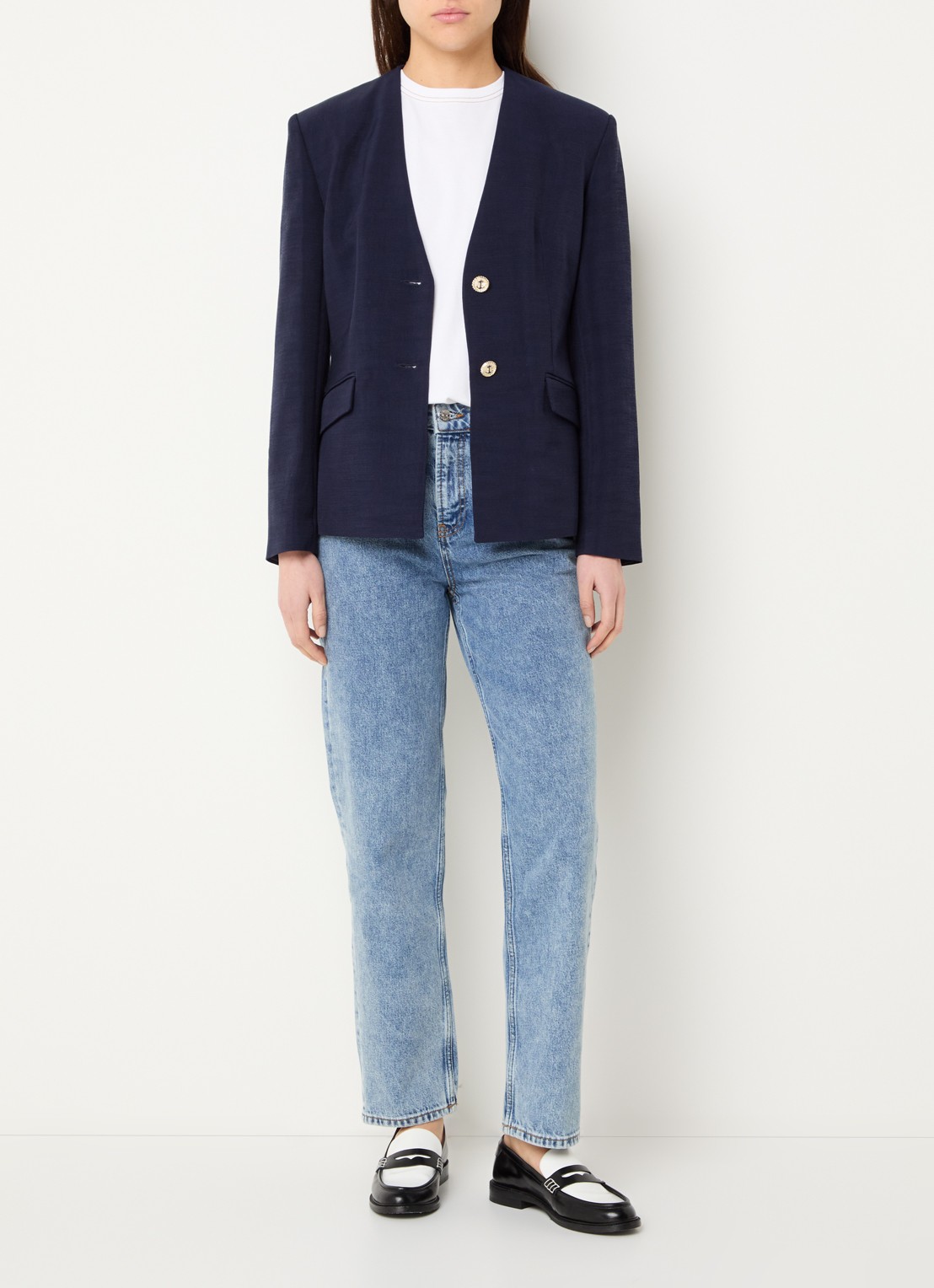 Claudie Pierlot Virgo blazer met schoudervulling en klepzakken - voorkant 2 donkerblauw