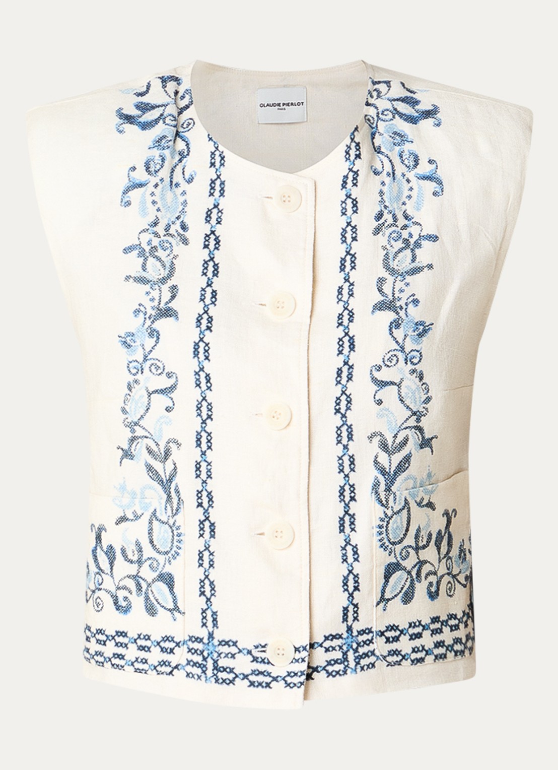 Claudie Pierlot Viviane gilet van linnen met schoudervulling en print - voorkant 3 gebroken wit