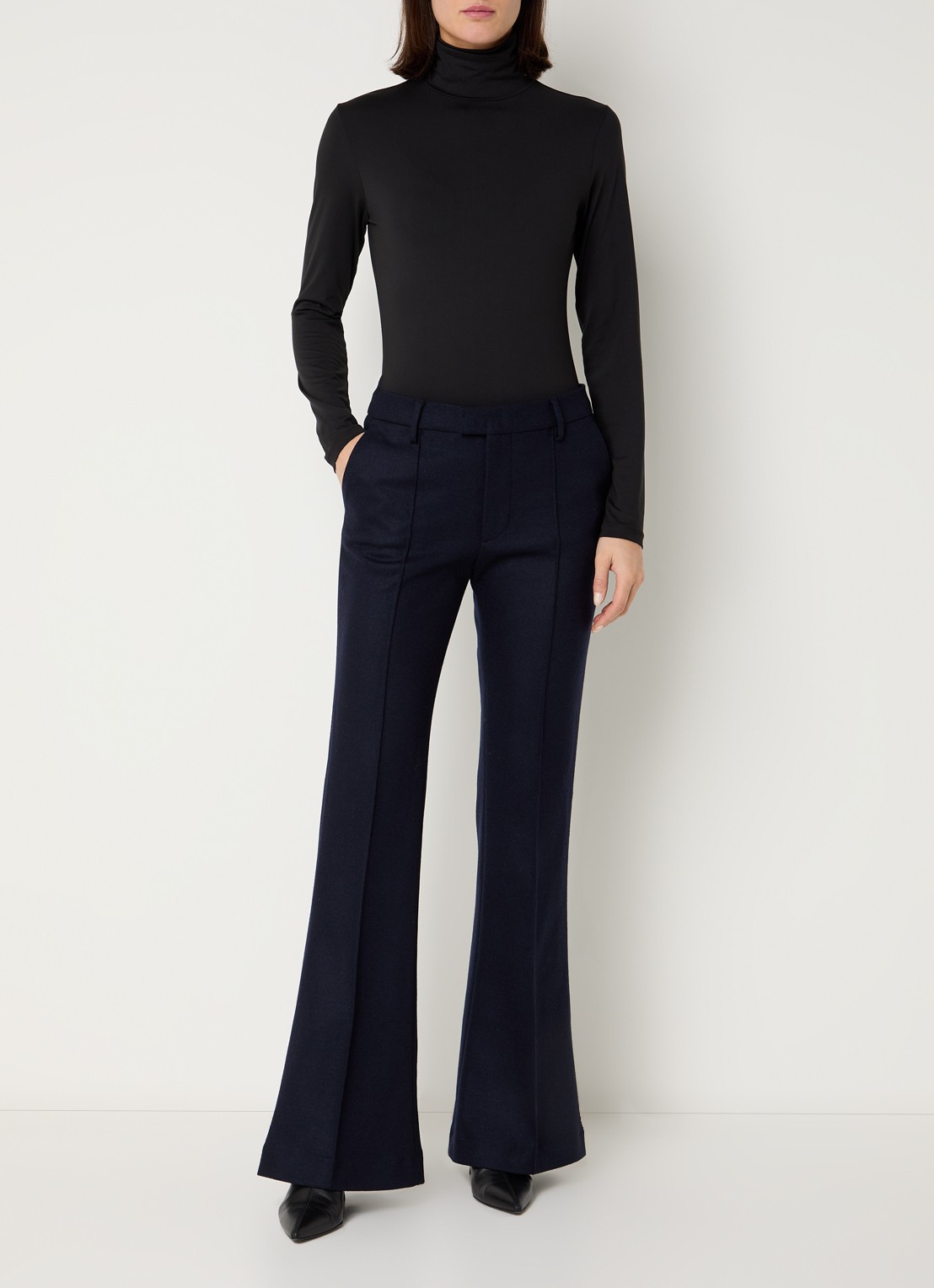 CLOSED Denair mid waist flared fit pantalon van wol met persplooi - voorkant 2 donkerblauw