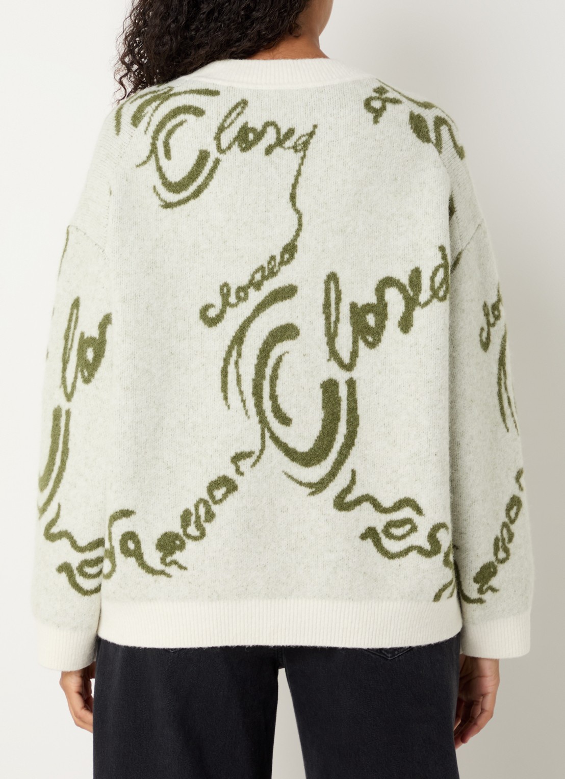 CLOSED Fijngebreide trui in alpaca wolblend met ingebreide logoprint - achterkant olijfgroen