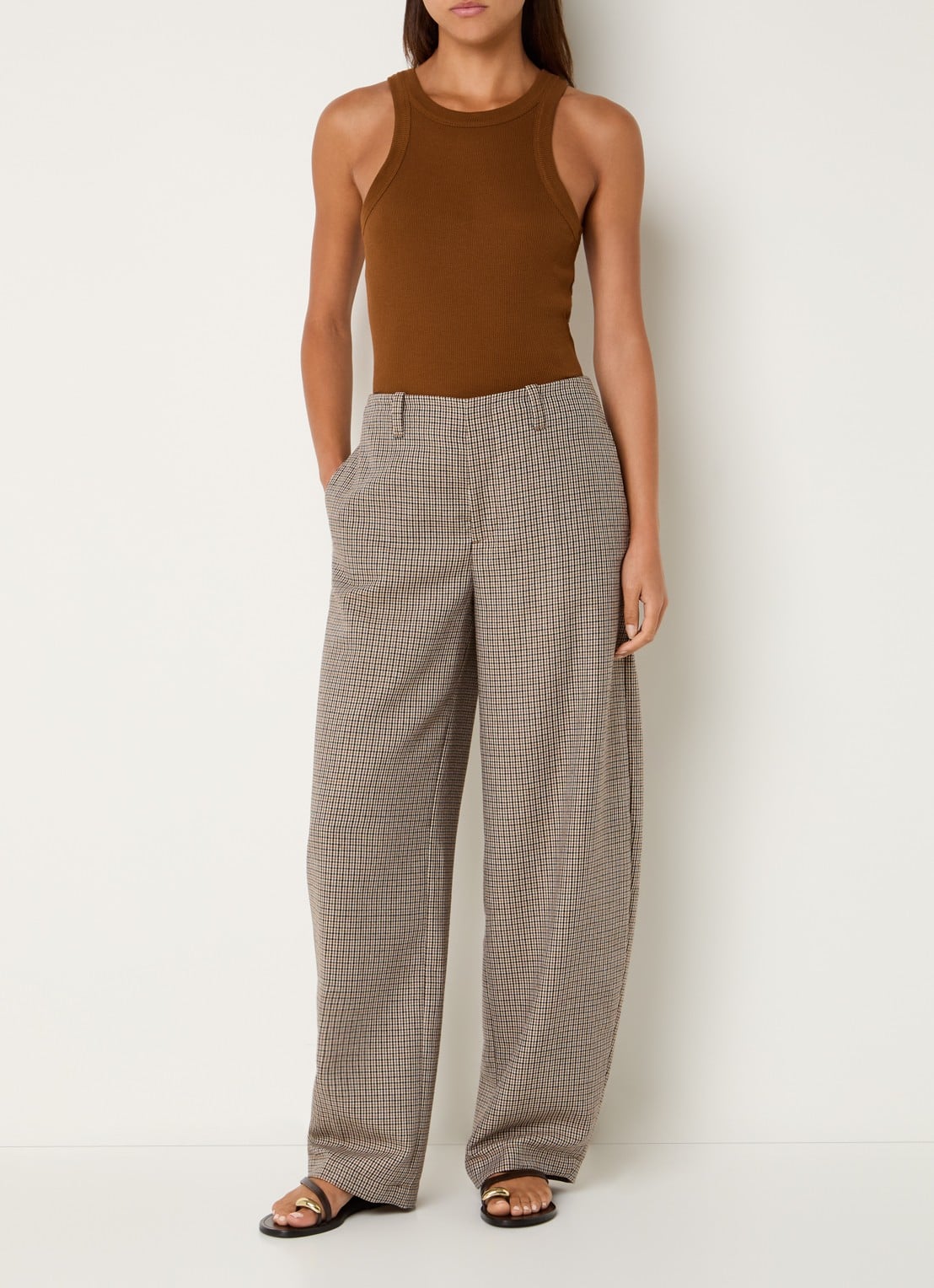 CLOSED High waist wide fit pantalon met pied-de-poule dessin - voorkant 4 lichtbruin