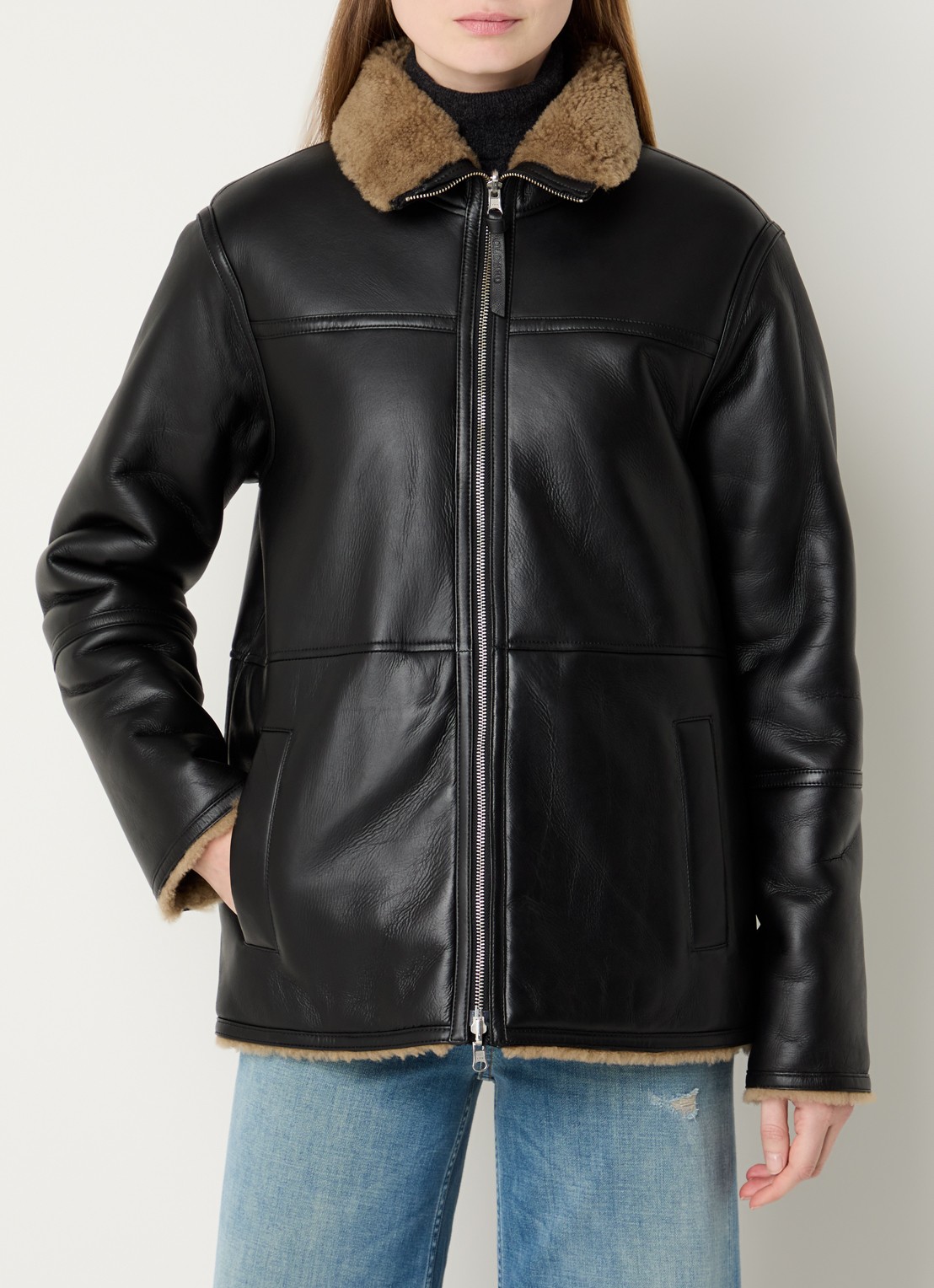 CLOSED Reversible lammycoat van lamsleer met steekzakken - detail zwart