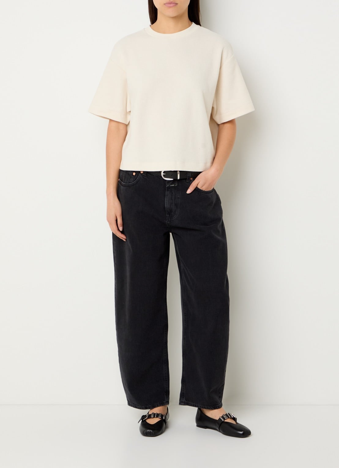 CLOSED Ribgebreid T-shirt met ronde hals - voorkant 4 gebroken wit