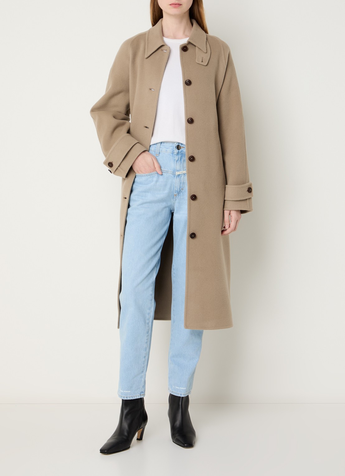 CLOSED Trenchcoat in kasjmierblend met strikceintuur - voorkant 2 donkerbeige