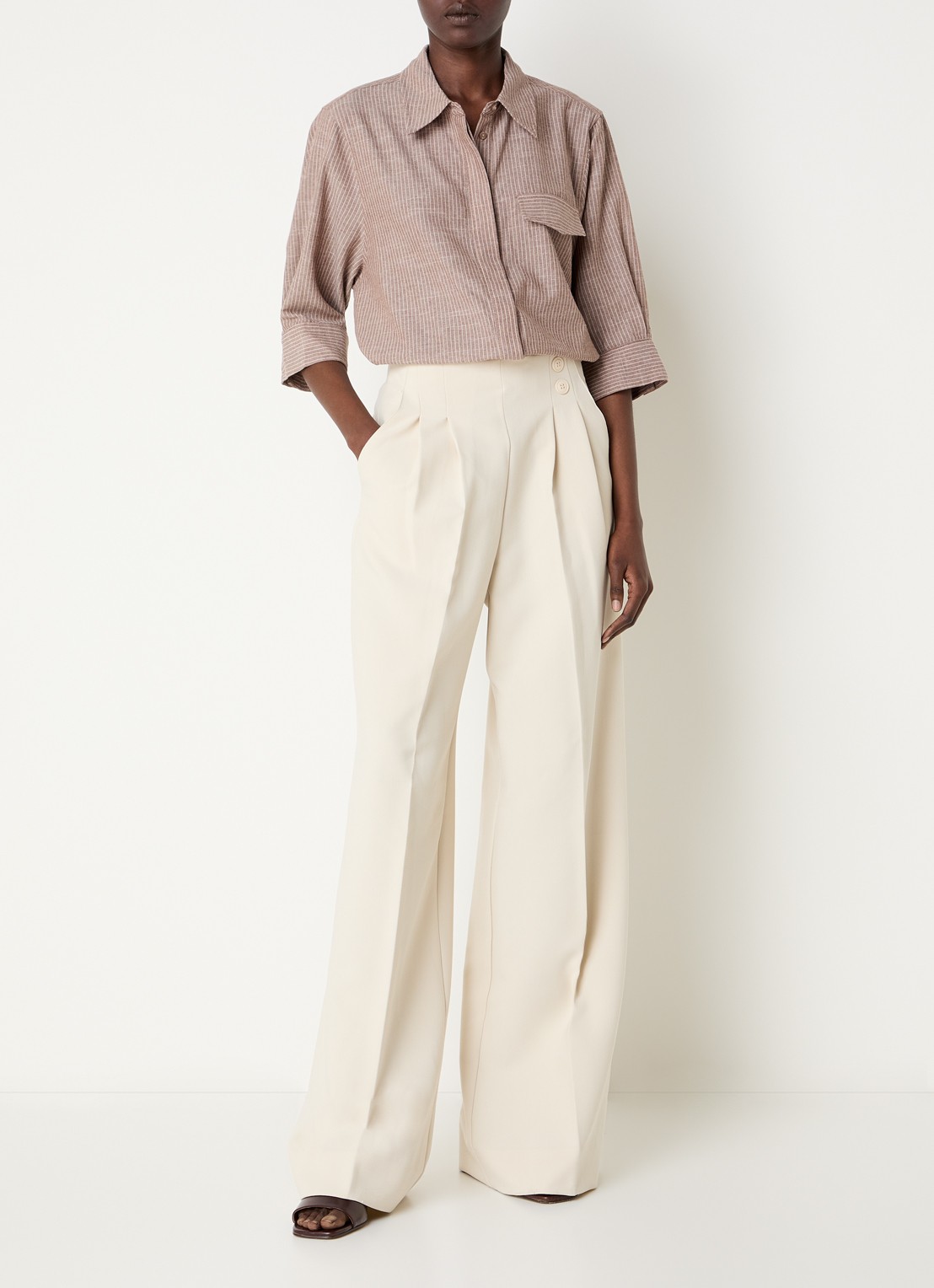 Co'Couture AcileCC LL high waist loose fit pantalon met sierknopen - voorkant 4 creme