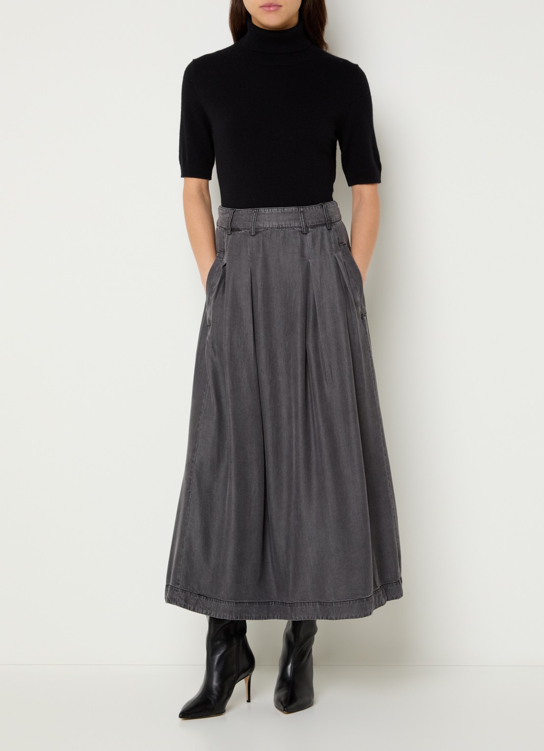 Co'Couture Anya midi A-lijn rok van chambray - voorkant 3 donkergrijs