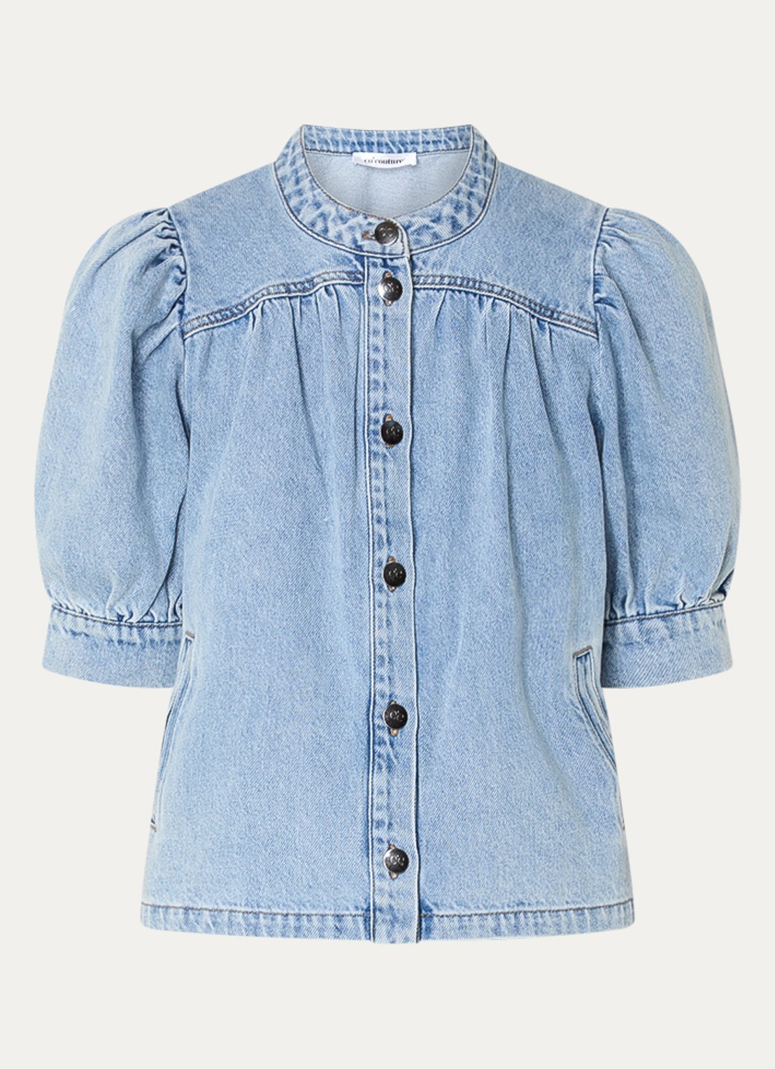 Co'Couture AsjaCC blouse van denim met pofmouw - voorkant 2 lichtblauw