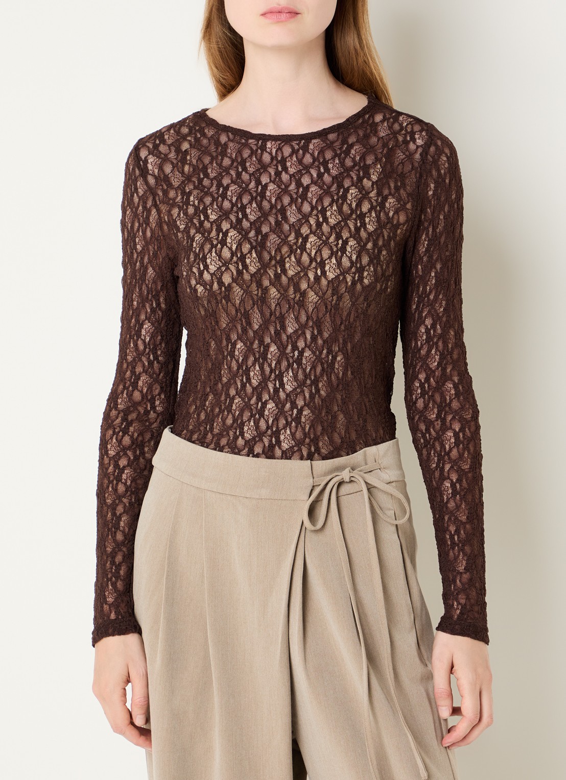 Co'Couture barnacc top van kant met stretch - detail 2 donkerbruin
