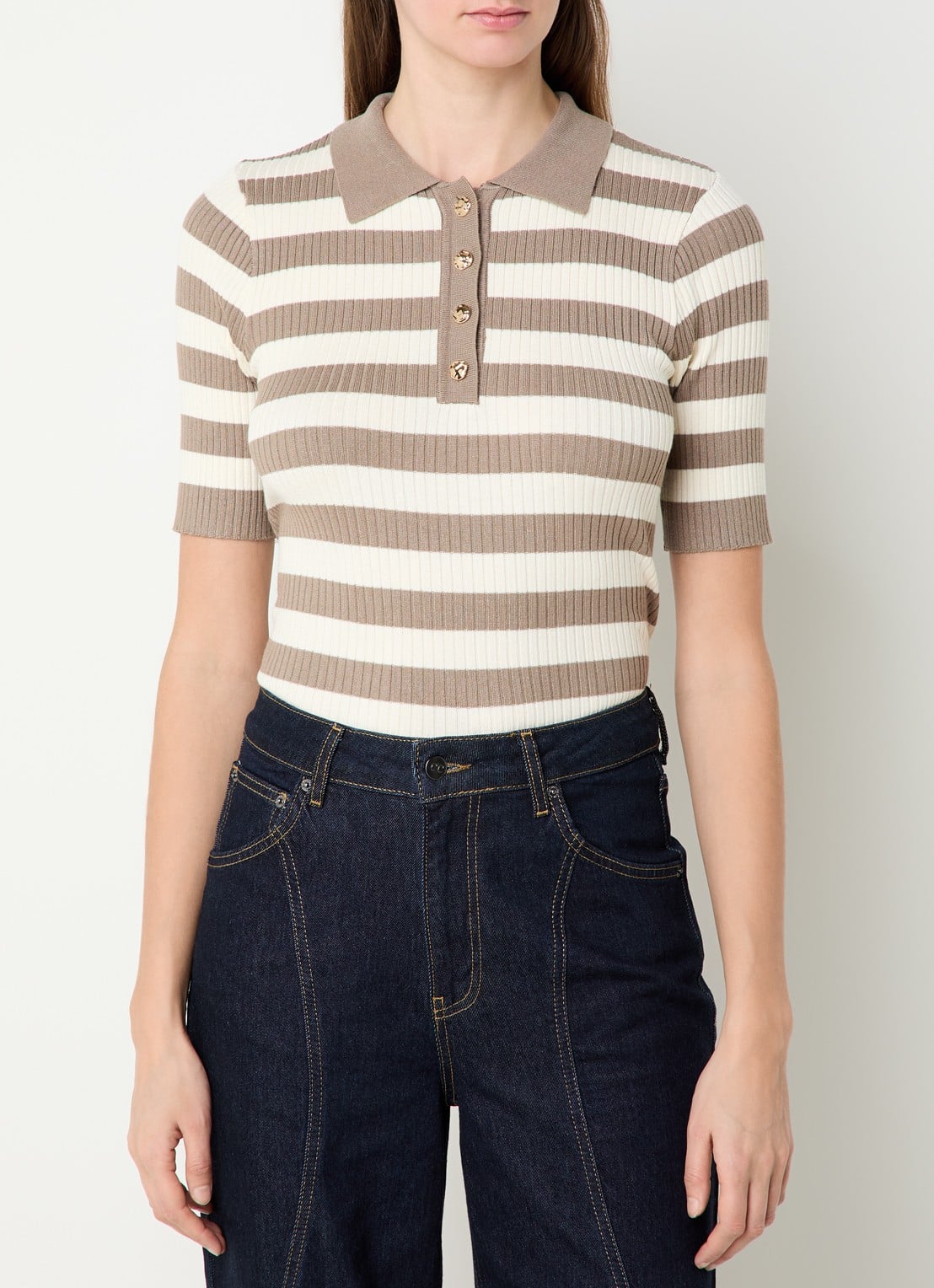 Co'Couture Bonny ribgebreide top met streepprint en polokraag - detail 2 lichtbruin