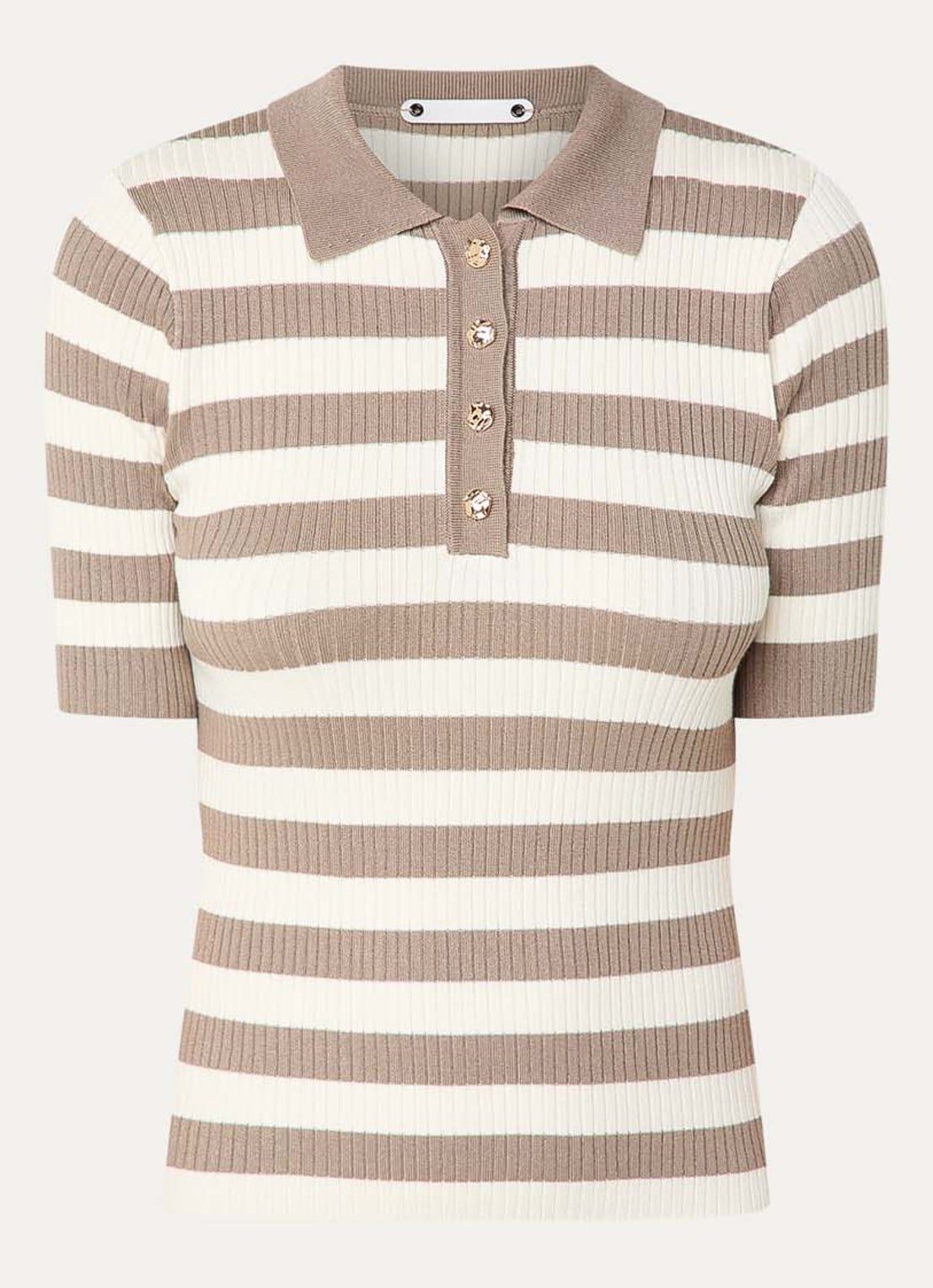 Co'Couture Bonny ribgebreide top met streepprint en polokraag - voorkant 3 lichtbruin