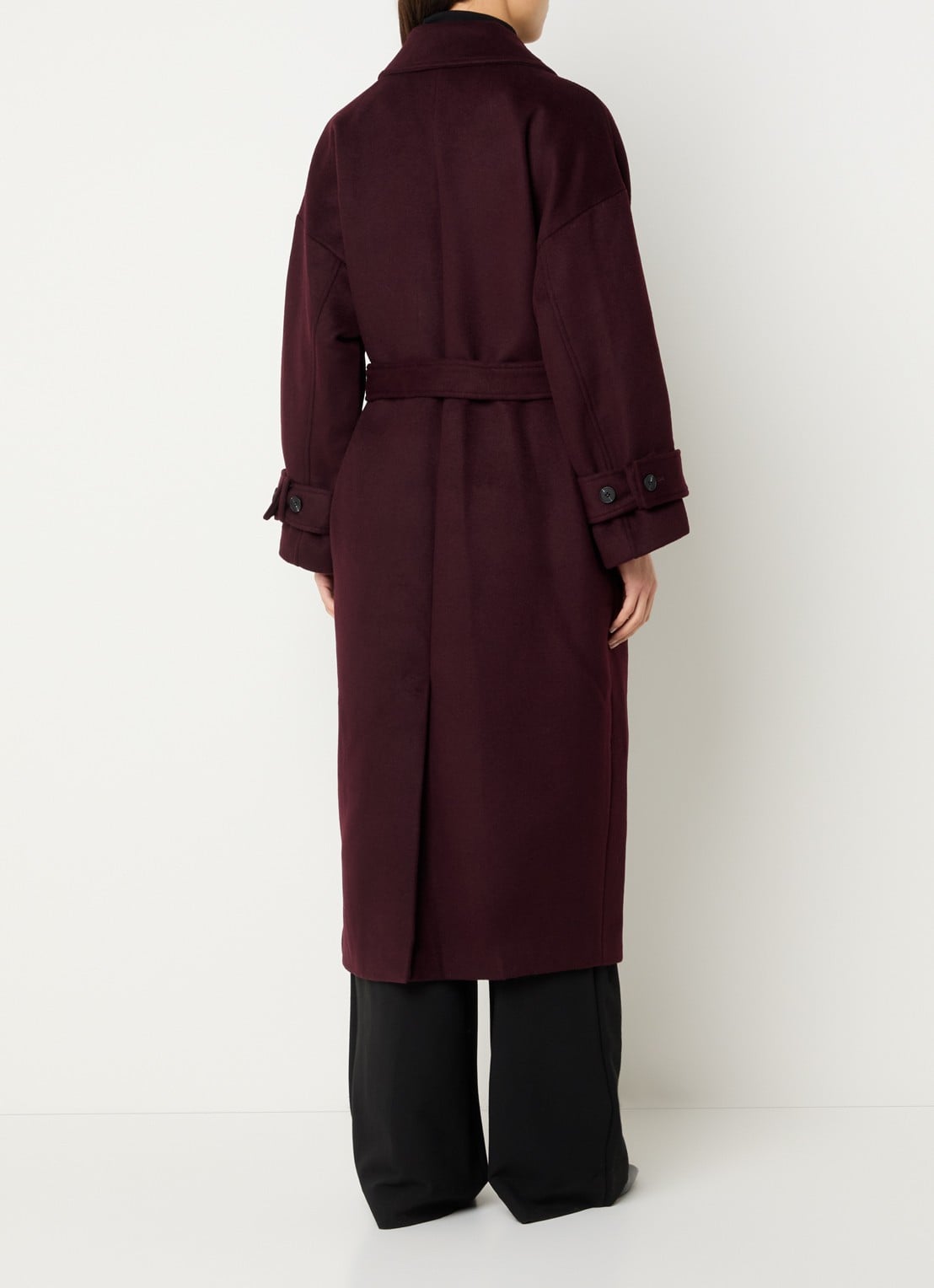 Co'Couture Clara mantel in wolblend met strikceintuur - achterkant aubergine