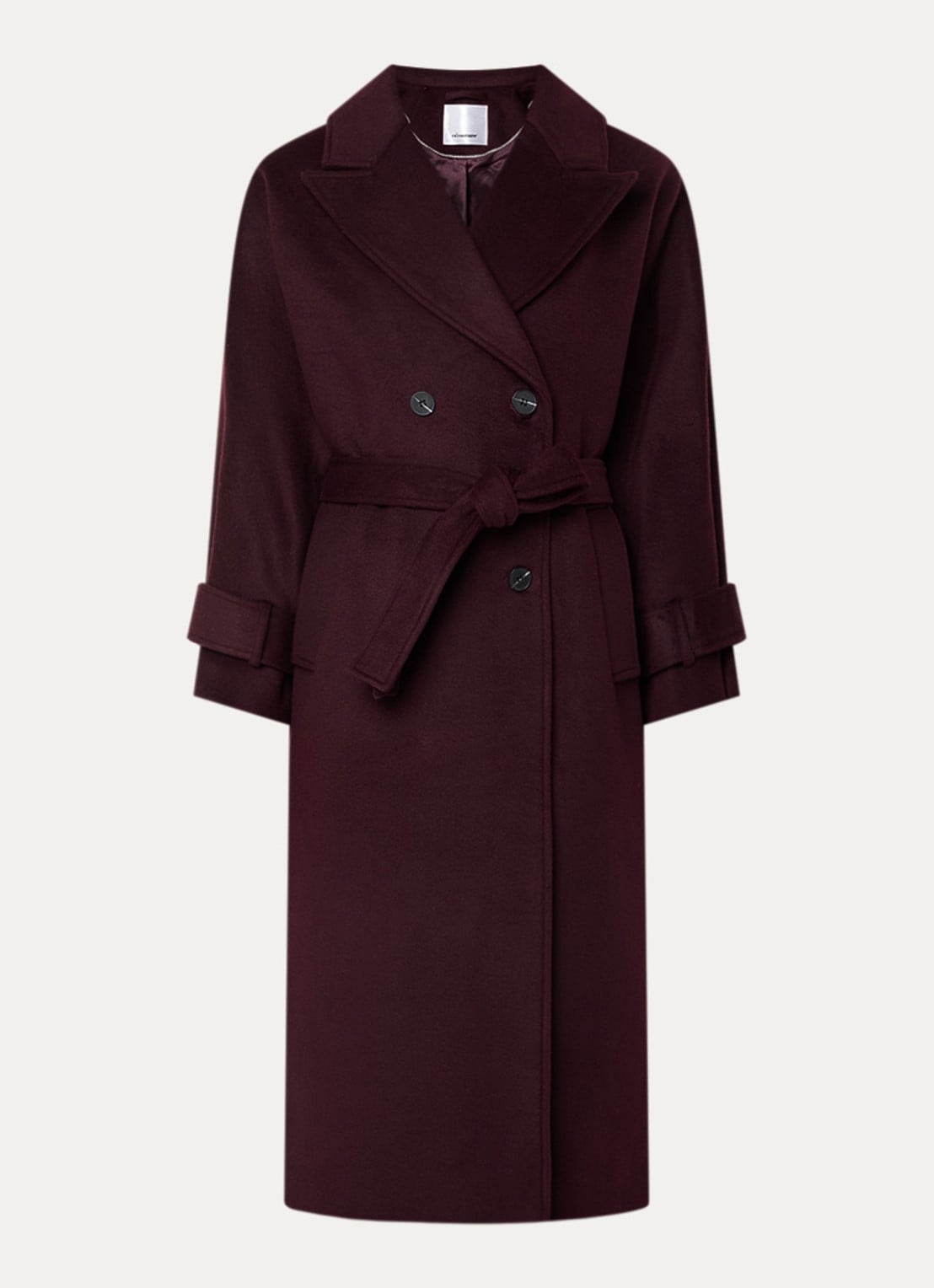 Co'Couture Clara mantel in wolblend met strikceintuur - voorkant 2 aubergine
