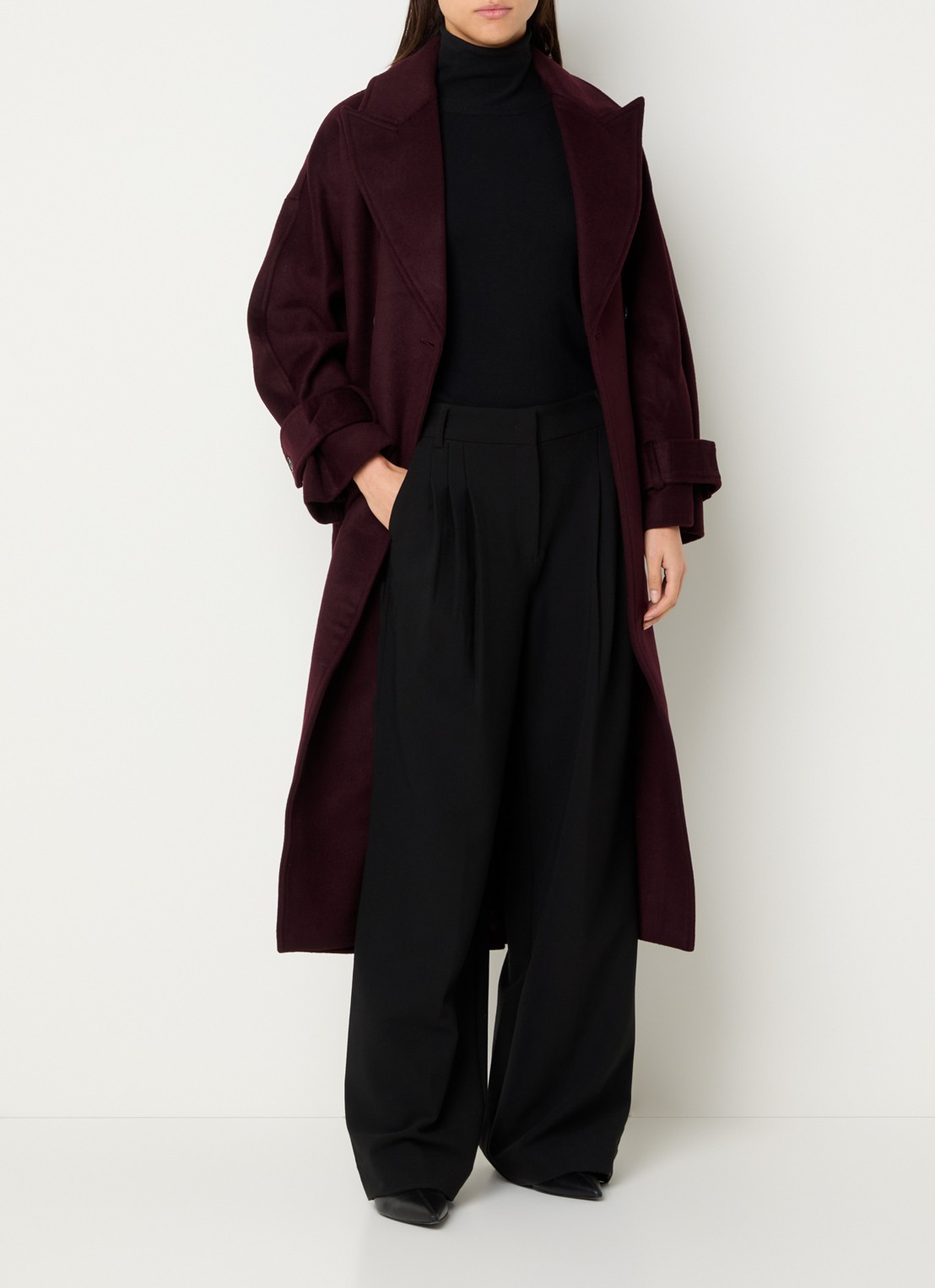 Co'Couture Clara mantel in wolblend met strikceintuur - voorkant 3 aubergine