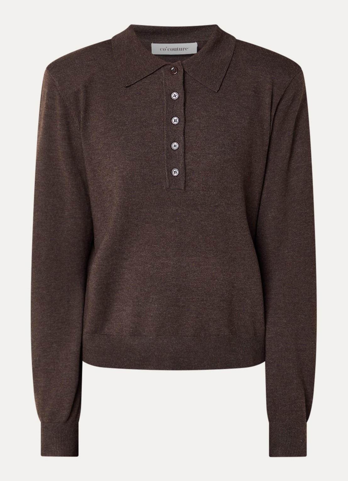 Co'Couture Corry fijngebreide polo in wolblend - voorkant donkerbruin