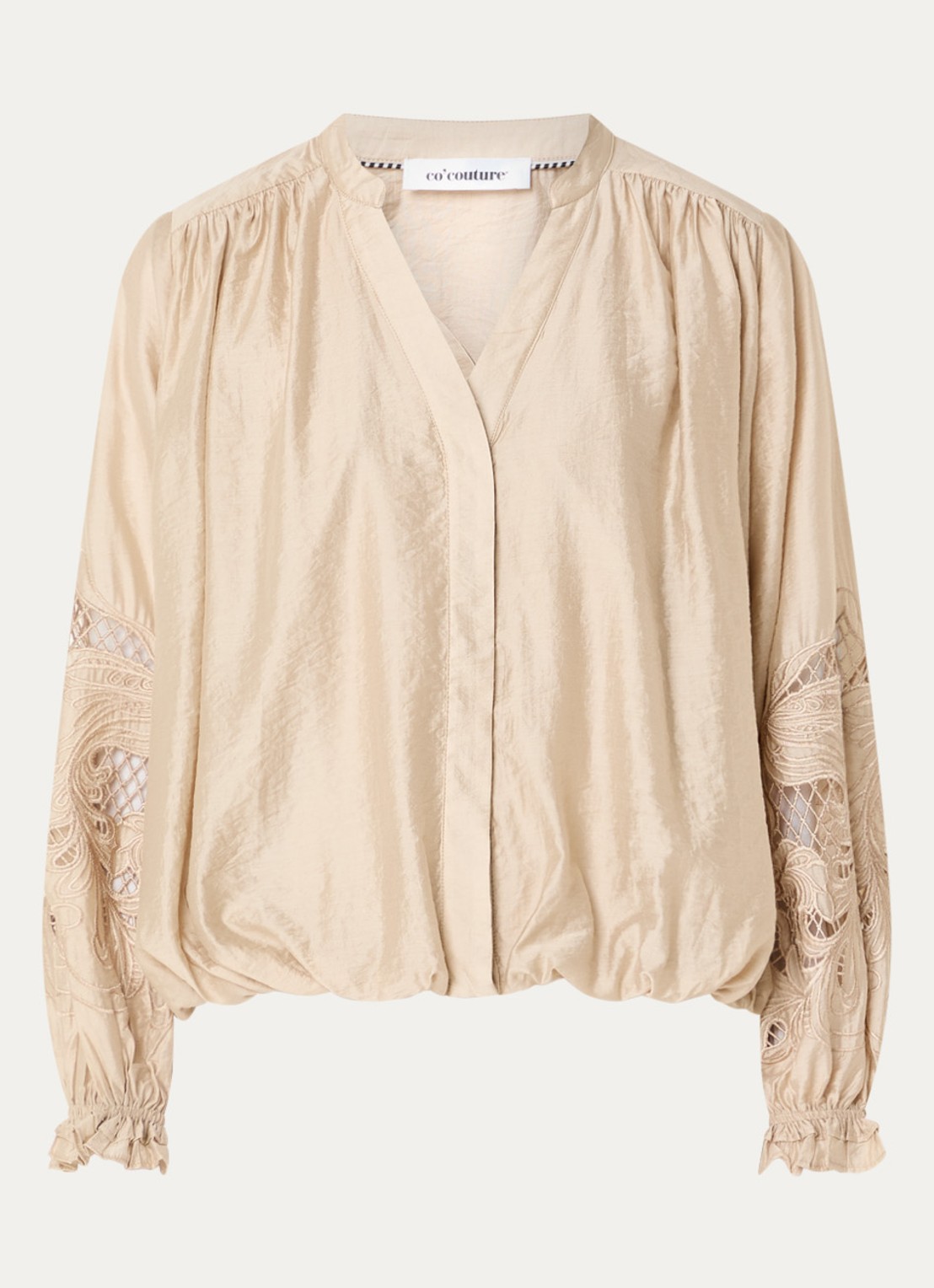 Co'Couture Delin blouse met broderie en ballonmouw - voorkant beige