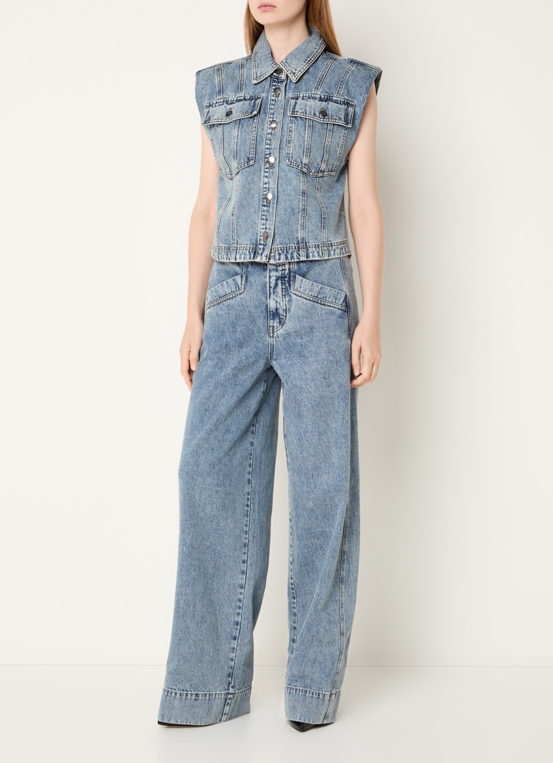 Co'Couture Denice mid waist wide leg jeans met lichte wassing - voorkant 4 blauw