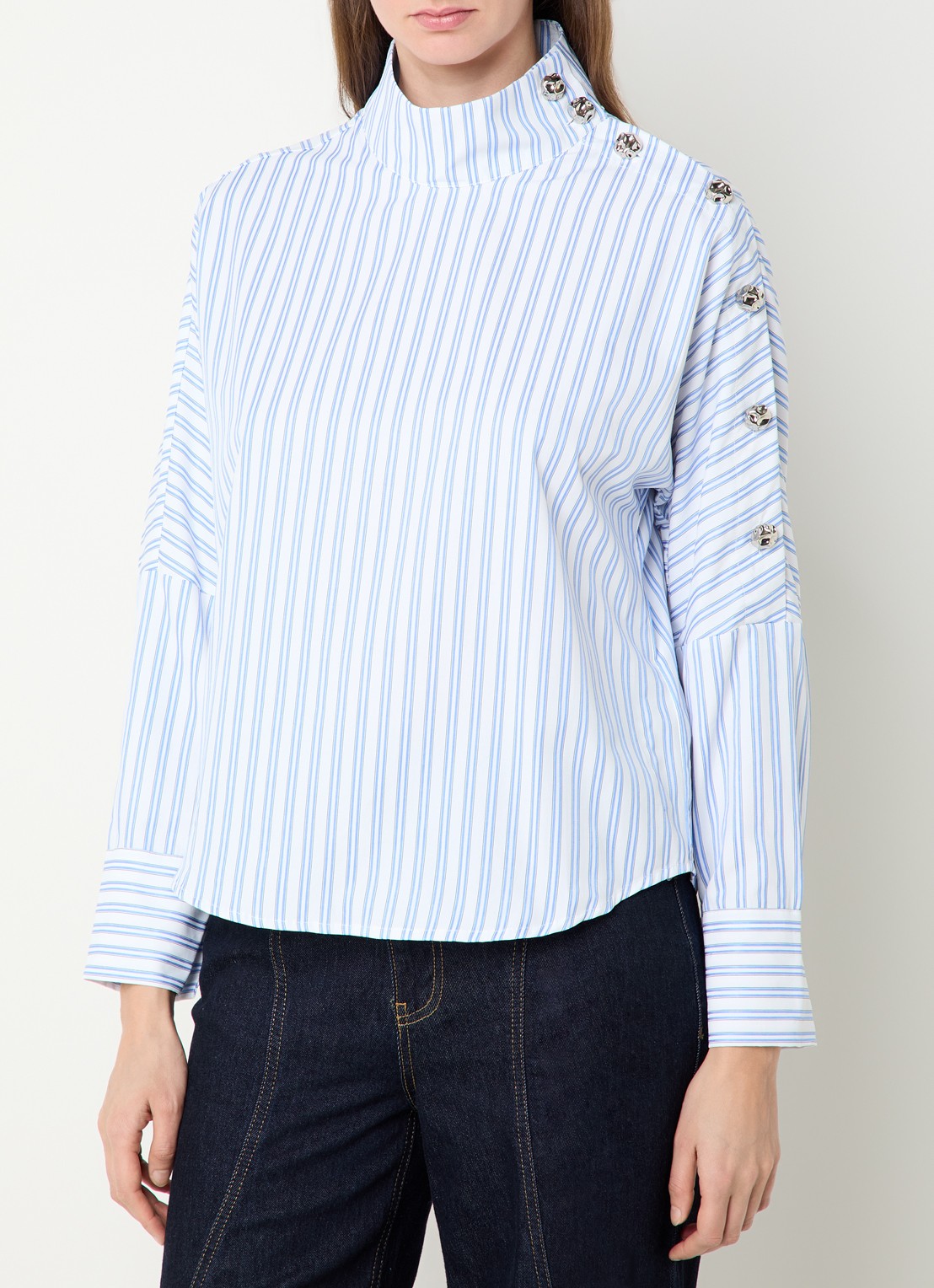 Co'Couture Devin tuniek met streepprint en opstaande kraag - detail blauw