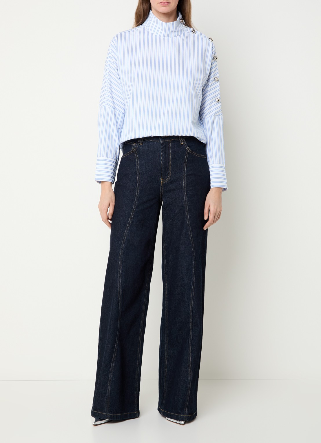 Co'Couture Devin tuniek met streepprint en opstaande kraag - voorkant 3 blauw