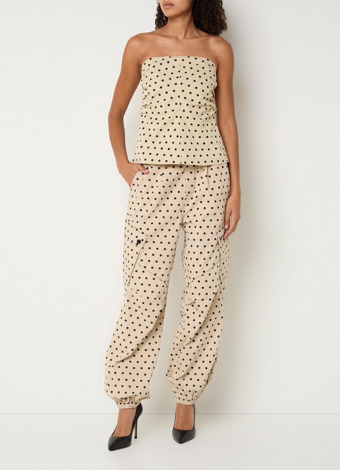 Co'Couture Diddi strapless top met stippenprint - voorkant 2 beige