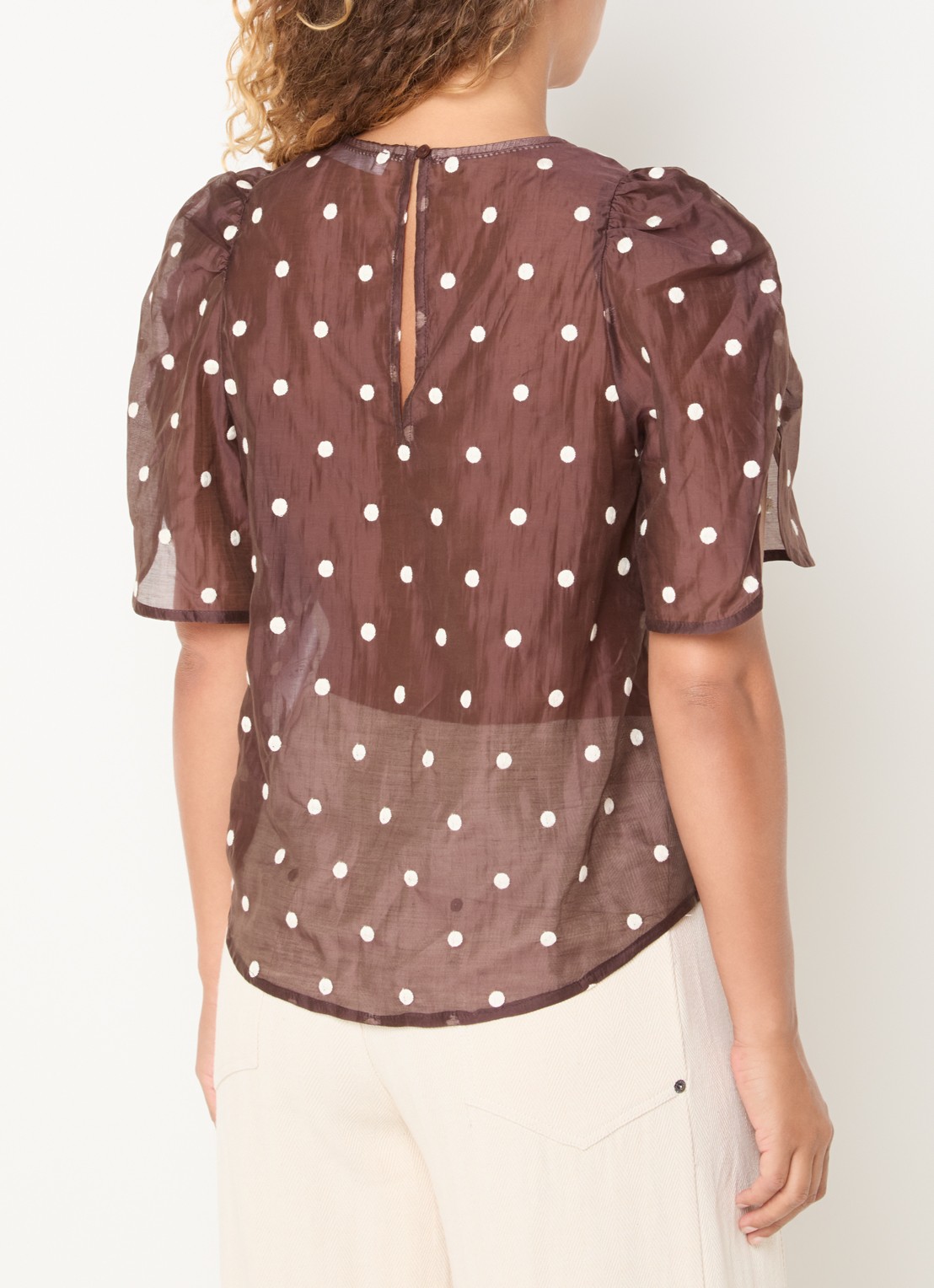 Co'Couture DitaCC semi-transparante tuniek met stippenprint en pofmouw - achterkant bruin