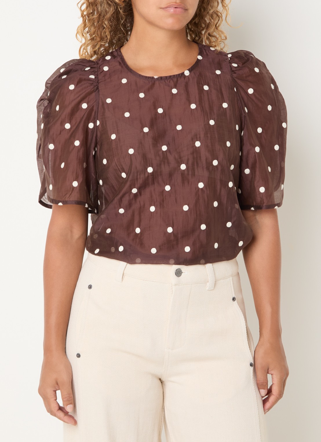 Co'Couture DitaCC semi-transparante tuniek met stippenprint en pofmouw - detail 4 bruin