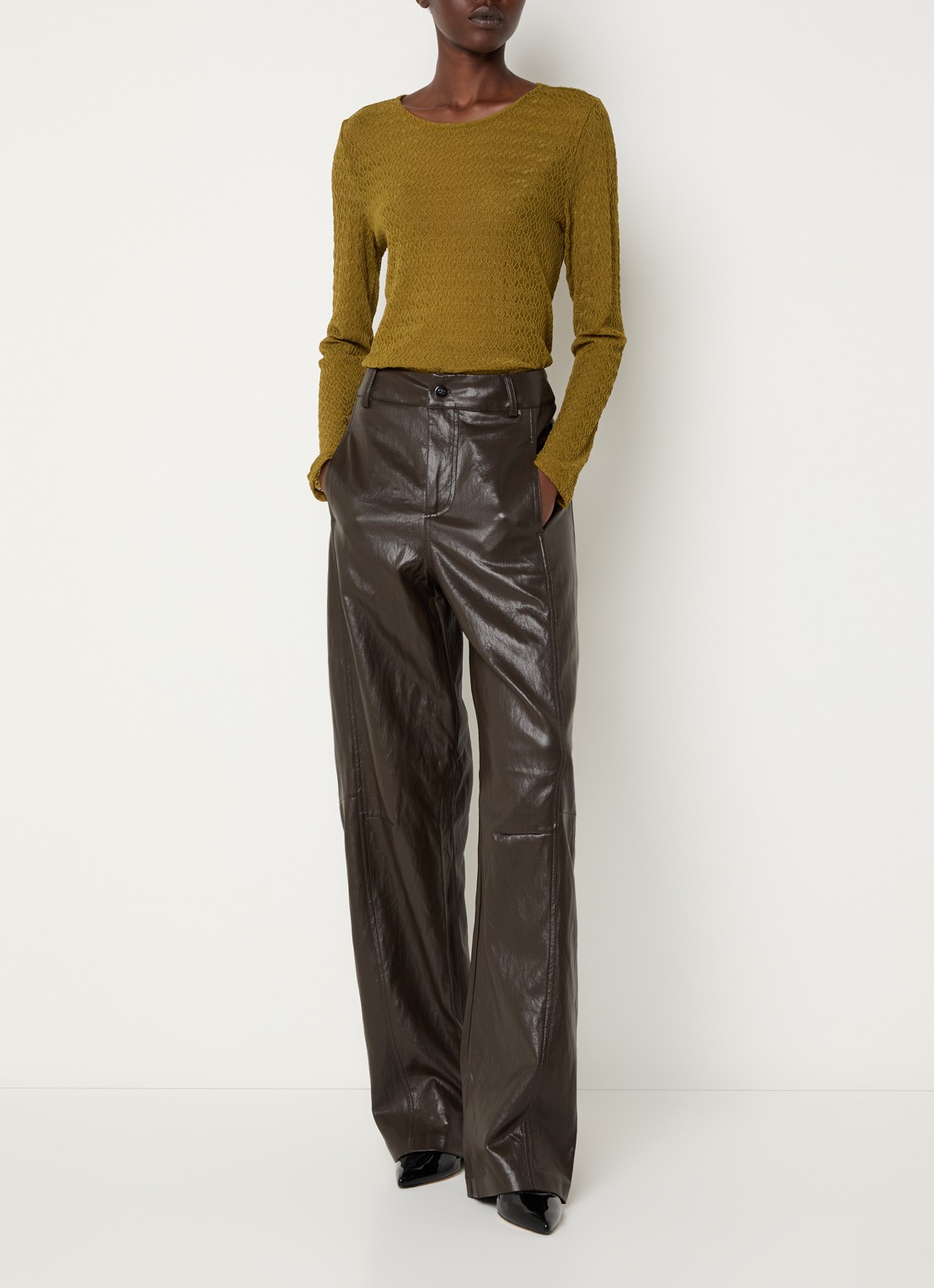 Co'Couture GitCC high waist straight fit broek met steekzakken - voorkant 3 donkerbruin
